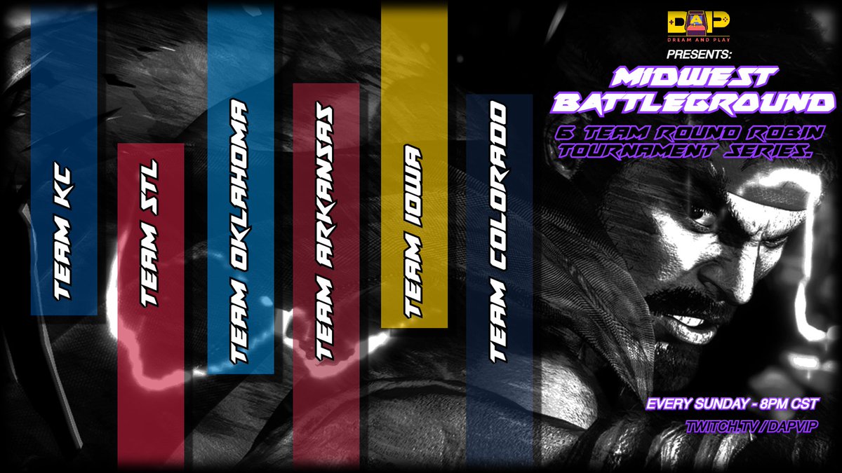 D.A.P's Midwest Battleground continues tonight with Round 5! CO vs. STL, then KC vs. ARK. Start time will be 8:30pm CT! Tune in at twitch.tv/dapvip to find out who'll come out on top, and put them closer to winning that $460 pot! 

Bracket: start.gg/dap 
#SF6