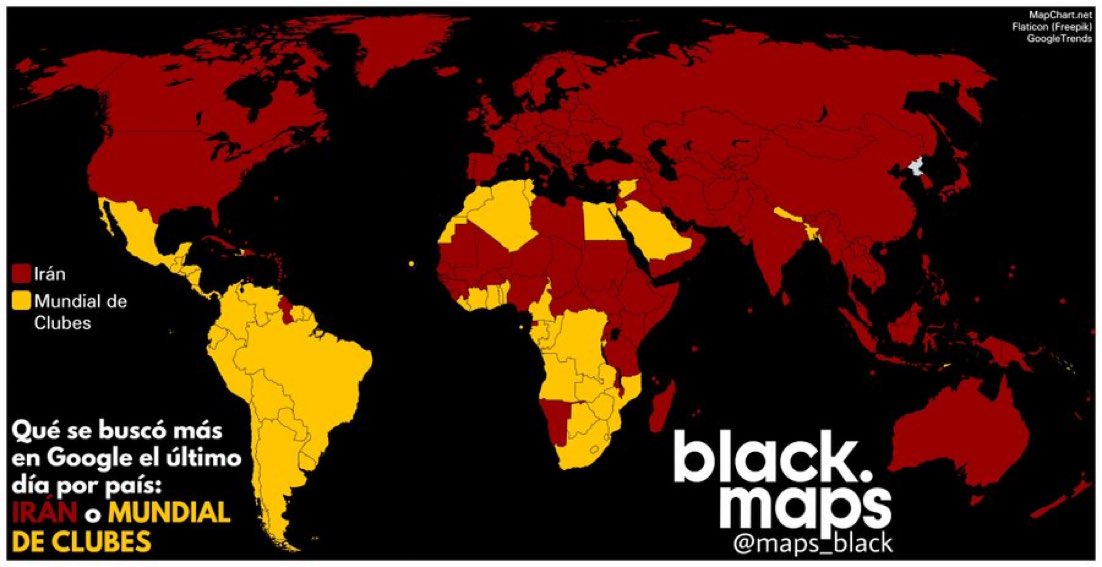 🌎 | Qué se buscó más en Google en cada país durante las últimas 24 horas, de acuerdo a Black maps:

🔴 Irán.
🟡 Mundial de Clubes.