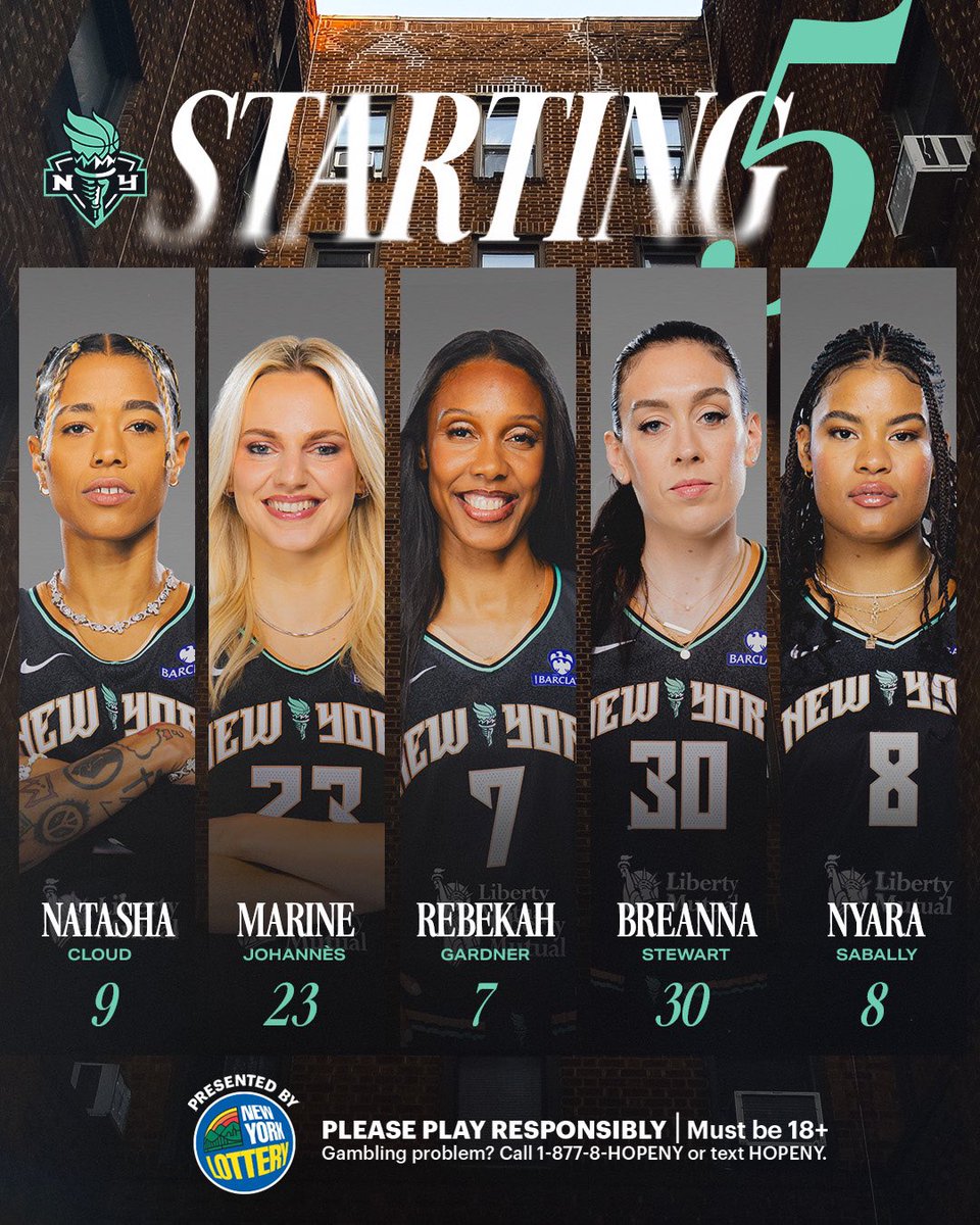 Starting 🖐️ Presented by <a href="/newyorklottery/">New York Lottery</a> 
 
0️⃣9️⃣ <a href="/T_Cloud4/">Natasha Cloud</a> 
2️⃣3️⃣ <a href="/MarineJ5/">Marine Johannès</a> 
0️⃣7️⃣  <a href="/rebekah_jasmine/">Rebekah Gardner</a> 
3️⃣0️⃣ <a href="/breannastewart/">Stewie</a> 
0️⃣8️⃣ <a href="/NyaraSabally/">Nyara Sabally</a> 
 
Get out there and play!
 
Must be 18+. Gambling problem? Call 1-877-8-HOPENY or text HOPENY. #pleaseplayresponsibly