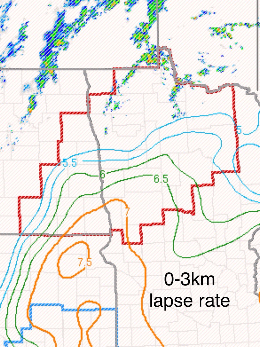 stormchaserQ's tweet image. The (north) eastern target area is trying to thread the needle again, but struggling so far. The northern half of the Tornado Watch is too cool in the boundary layer, while mean 700mb temps across the watch are ~+14C. Going to need more cooling aloft to steepen 0-3km lapse rates.