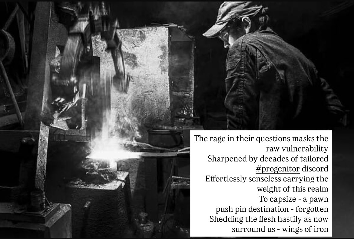 The rage in their questions masks the raw vulnerability
Tailor sharp by decades of #progenitor discord
Effortlessly senseless carrying the weight of this realm
To capsize - a pawn

#vss365 #FoxProse #OnePicPoetry