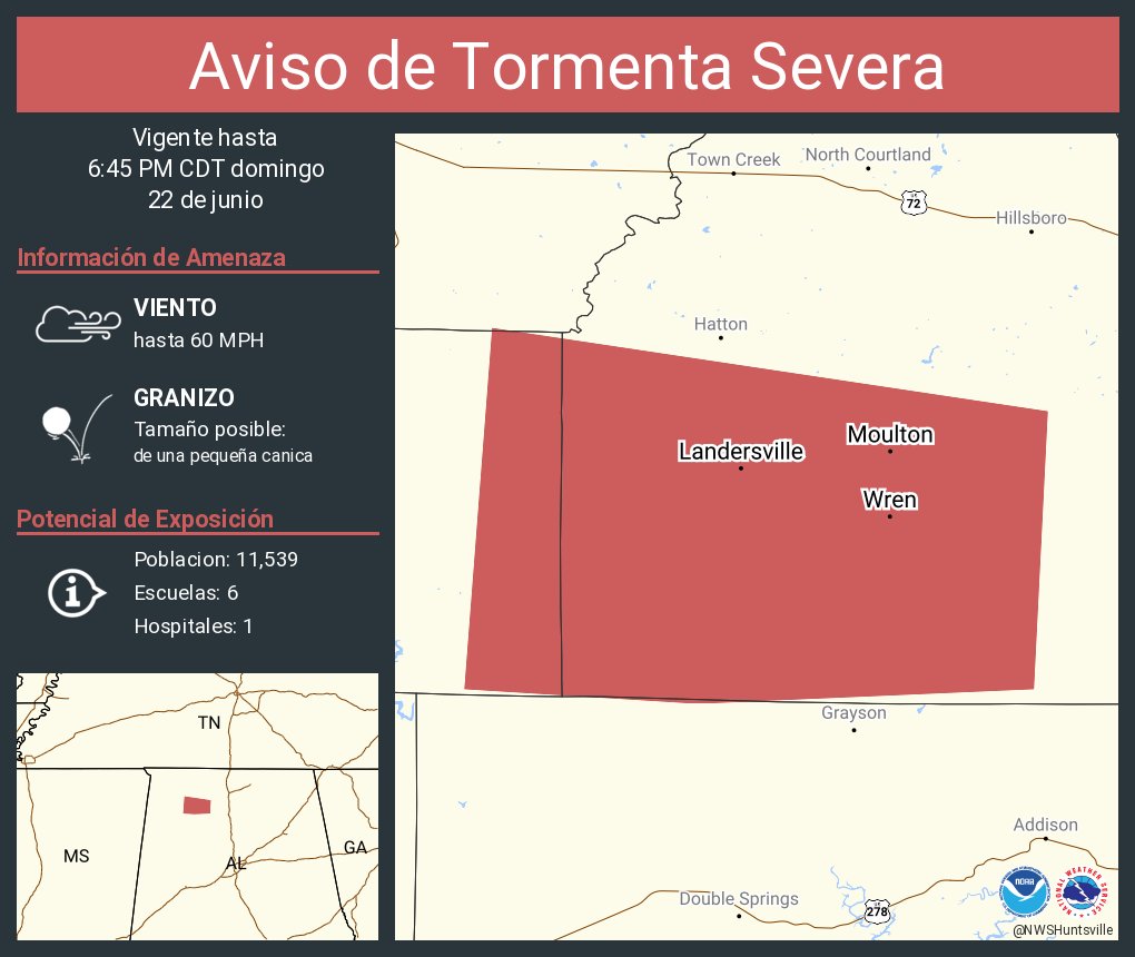 Aviso de Tormenta Severa incluye Moulton AL, Landersville AL, Wren AL hasta las 6:45 PM CDT