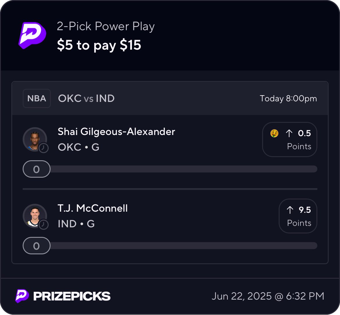 TheBoostHunter's tweet photo. PrizePicks SGA Free Square

Pairing SGA with TJ for 10+ points tonight. TJ has been a spark plug this series for IND and should see solid minutes off the bench. https://t.co/JVFeZHcFqy