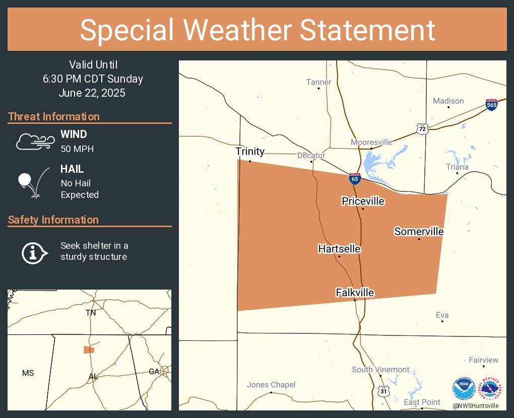 A special weather statement has been issued for Hartselle AL, Priceville AL and  Trinity AL until 6:30 PM CDT
