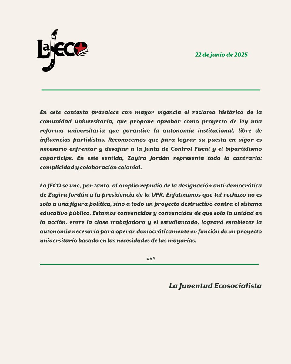 La JECO se opone a la imposición de Zayira Jordán a la presidencia de la UPR.