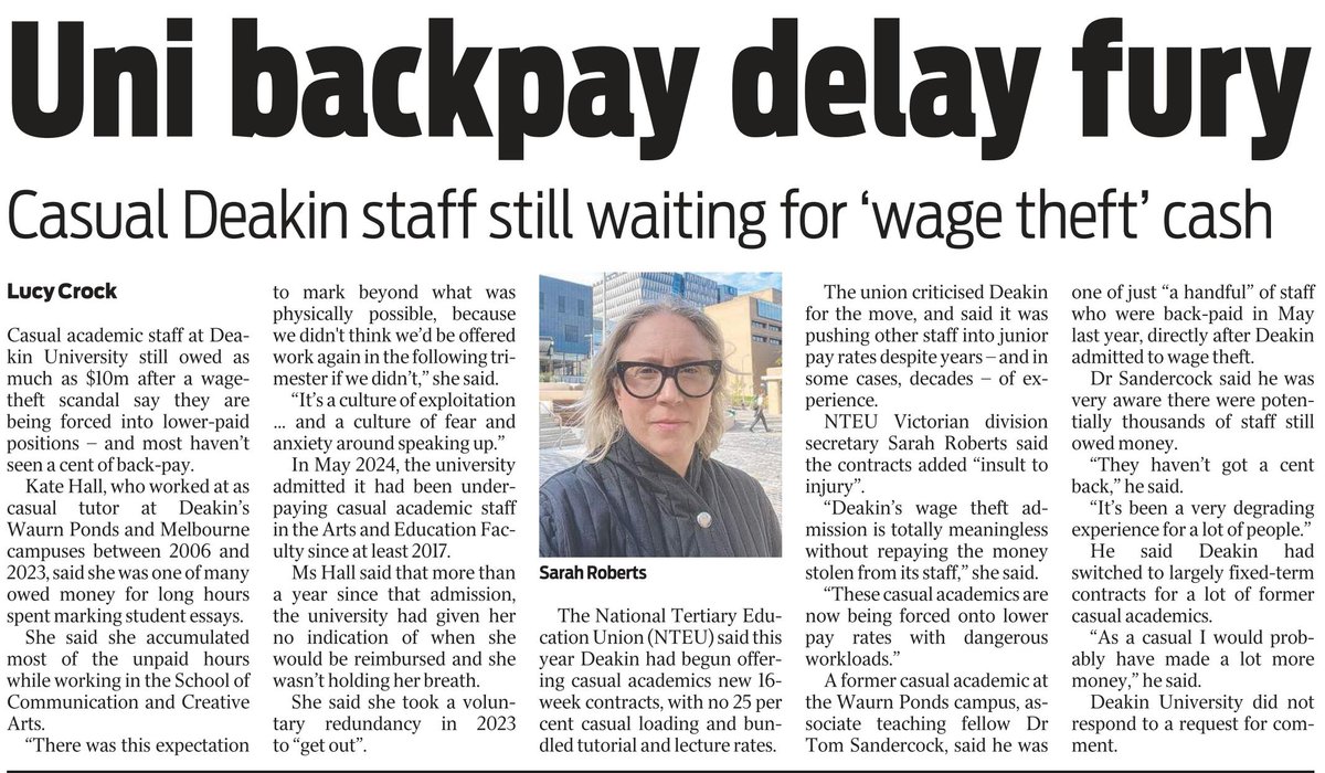 As casual staff at Deakin University still await their 'wage theft' back pay, the new fixed-term contracts being offered appear to be just more insecurity and less pay.
Read more and get in touch if you're affected: nteu.au/branch/VIC/Dea…
#highereducation