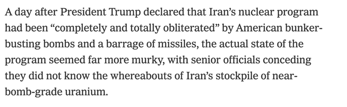Senior officials tell the NYT that they do not know the whereabouts of Iran’s stockpile of near-bomb-grade uranium.

nytimes.com/live/2025/06/2…