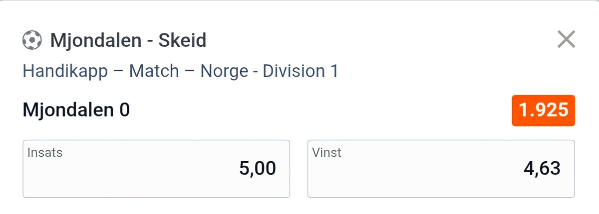 OBOS-Ligaen ⚽️ 🇧🇻
Mjøndalen | Asian 0
1,93 | Pinnacle
5/10U | Medel