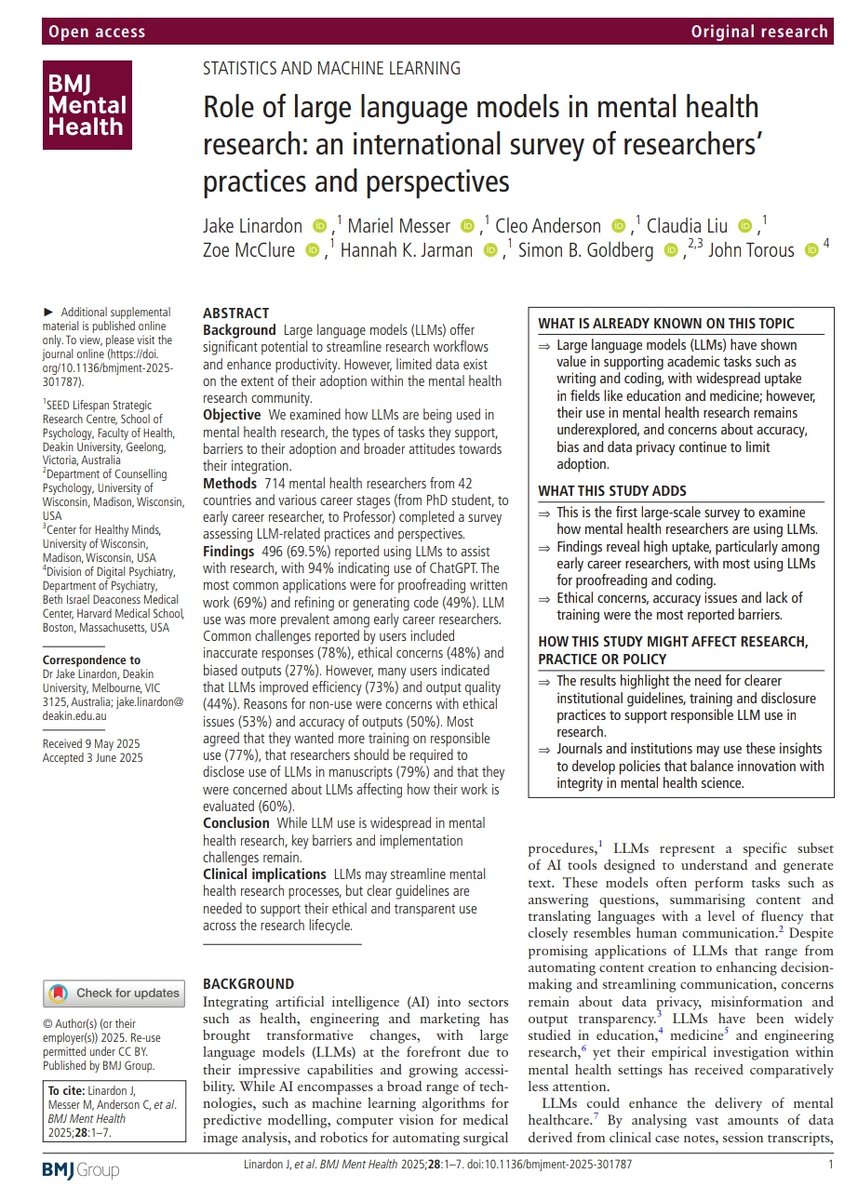 BMJ Mental Health (@bmjmentalhealth) on Twitter photo 🧠📊 Survey of 700+ mental health researchers:
~70% use LLMs (mostly ChatGPT), mainly for proofreading & coding.
Top concerns? Accuracy, ethics & bias.
Most want clearer guidelines & disclosure norms.
#MentalHealthResearch #AI #LLMs #ChatGPT
<a href="/SGoldbergPhD/">Simon Goldberg, PhD</a> <a href="/JohnTorousMD/">John Torous, MD MBI</a>
To 🧠📊 Survey of 700+ mental health researchers:
~70% use LLMs (mostly ChatGPT), mainly for proofreading & coding.
Top concerns? Accuracy, ethics & bias.
Most want clearer guidelines & disclosure norms.
#MentalHealthResearch #AI #LLMs #ChatGPT
<a href="/SGoldbergPhD/">Simon Goldberg, PhD</a> <a href="/JohnTorousMD/">John Torous, MD MBI</a>
To