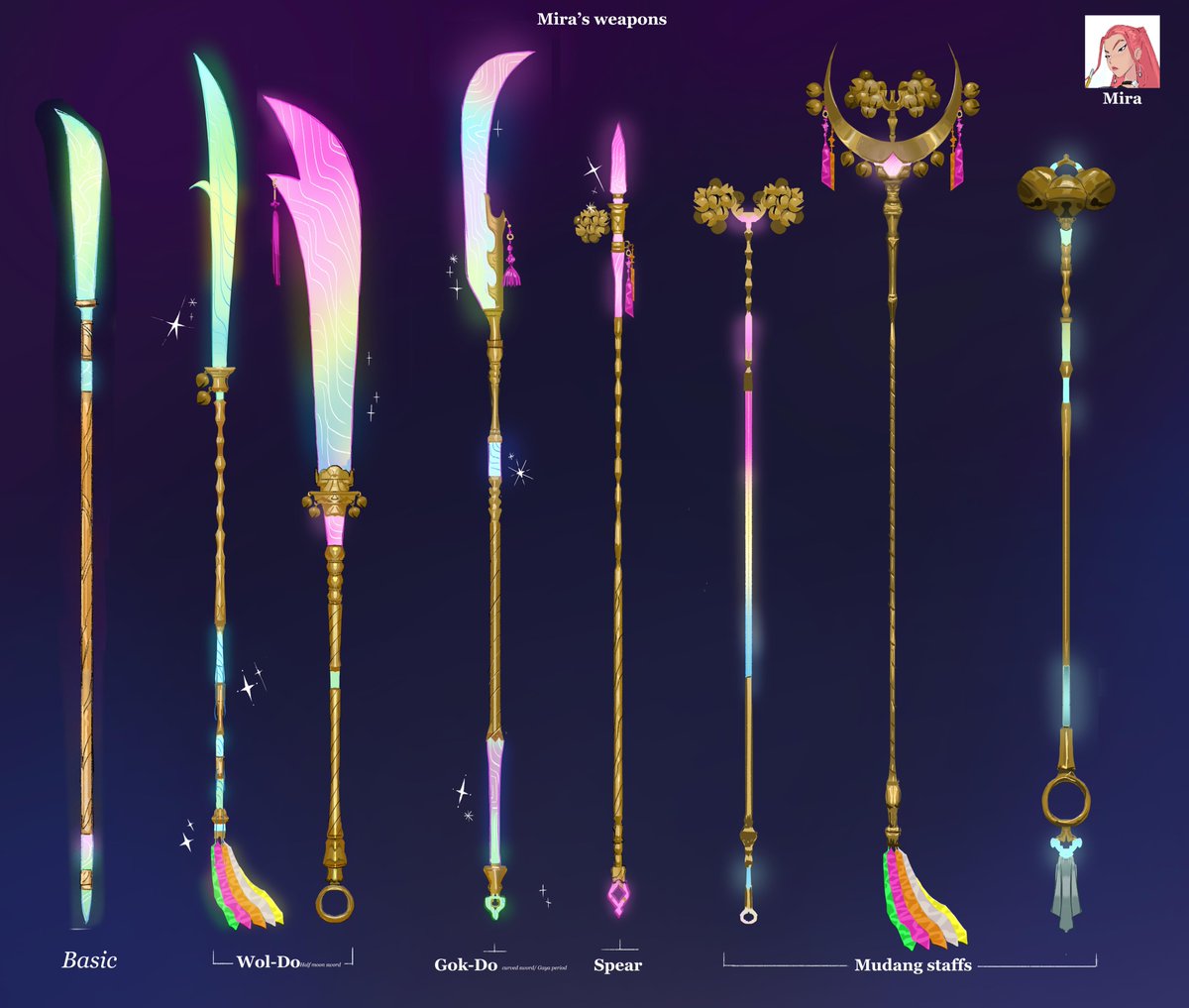 joune5064's tweet image. Weapon designs for #KPOPDEMONHUNTERS Some early weapon design explorations for Mira & Zoey ⚔️✨ (part1/2)
