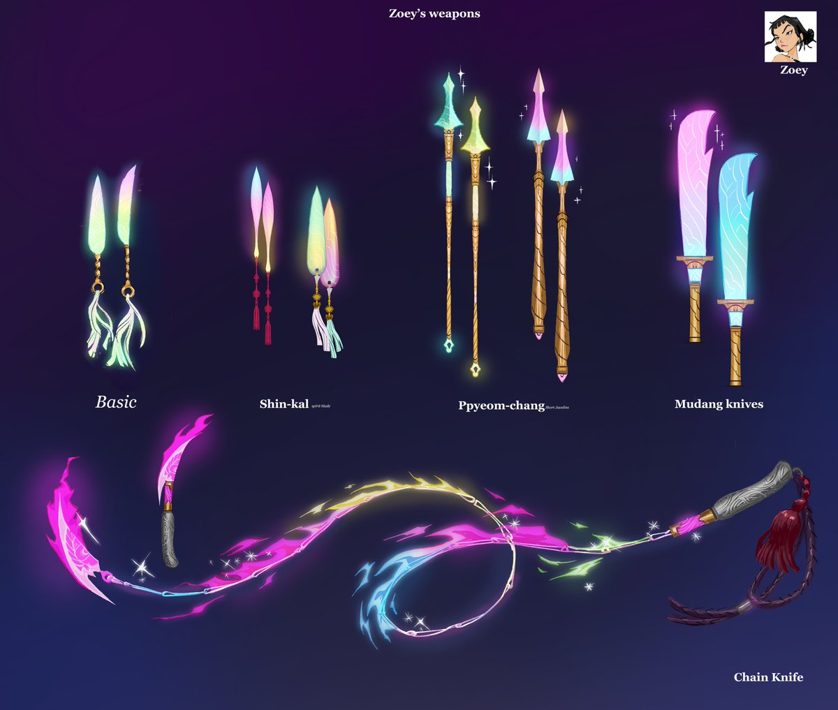 joune5064's tweet image. Weapon designs for #KPOPDEMONHUNTERS Some early weapon design explorations for Mira & Zoey ⚔️✨ (part1/2)