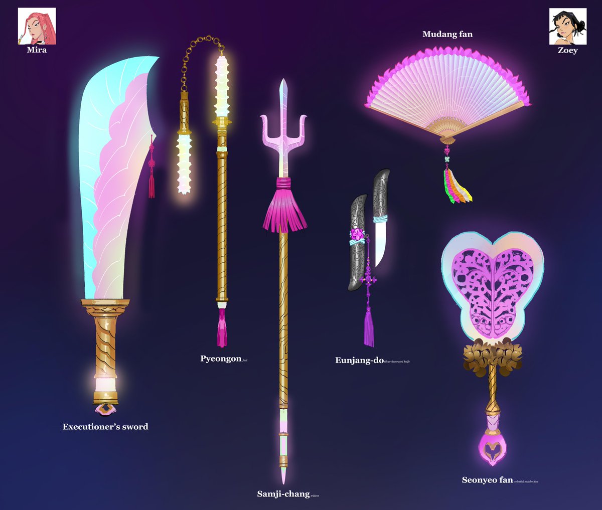 joune5064's tweet image. Weapon designs for #KPOPDEMONHUNTERS Some early weapon design explorations for Mira & Zoey ⚔️✨ (part1/2)