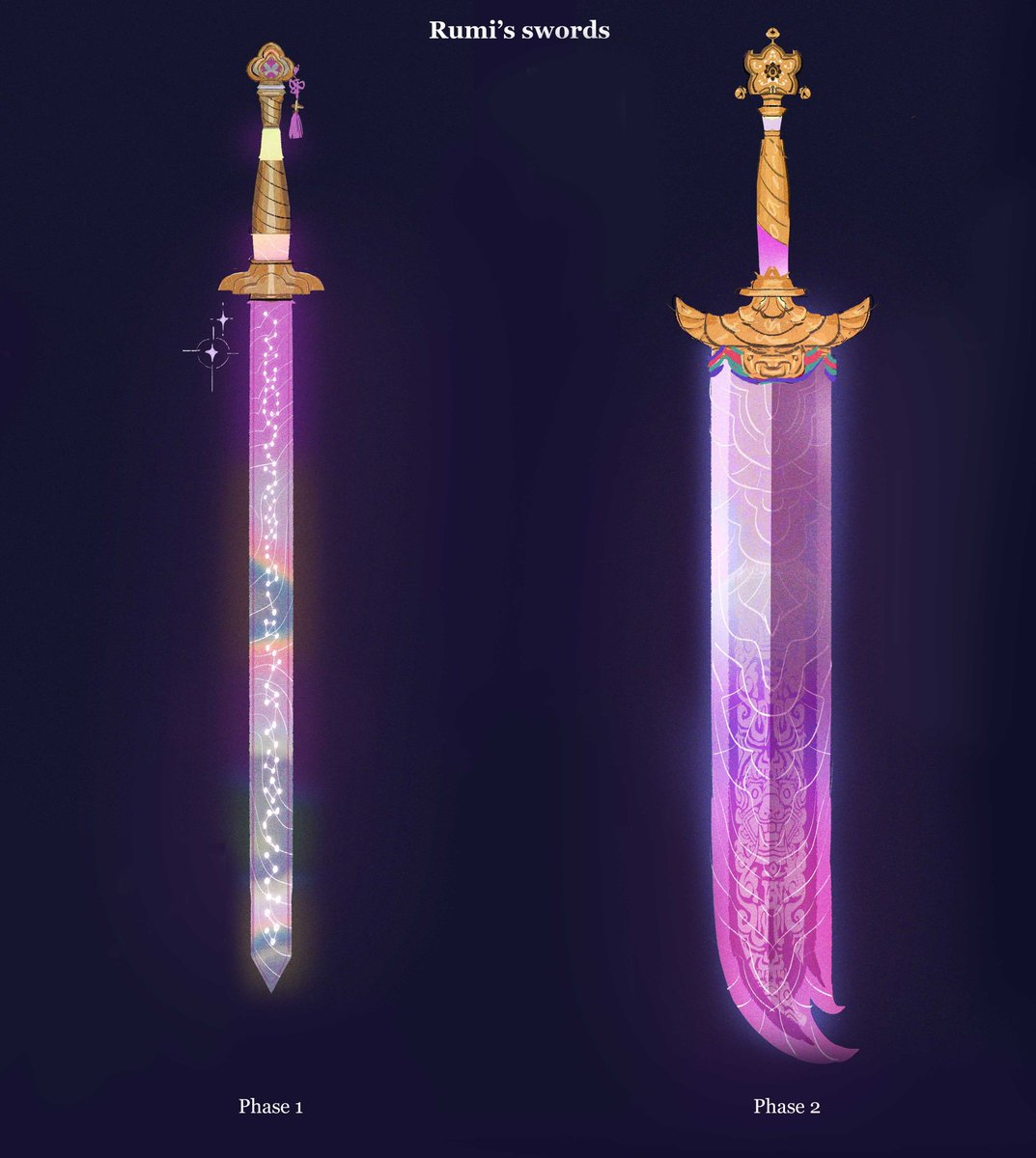 joune5064's tweet image. Weapon designs for #KPOPDEMONHUNTERS Rumi's Sain-geom (Four Tiger's Evil Slayer/사인검(四寅劍), Mira's Gok-do (Curved moon sword/곡도), Zoey's Shin-kal (Spirit blade of Mudang/신칼) ⚔️✨ (part2/2)