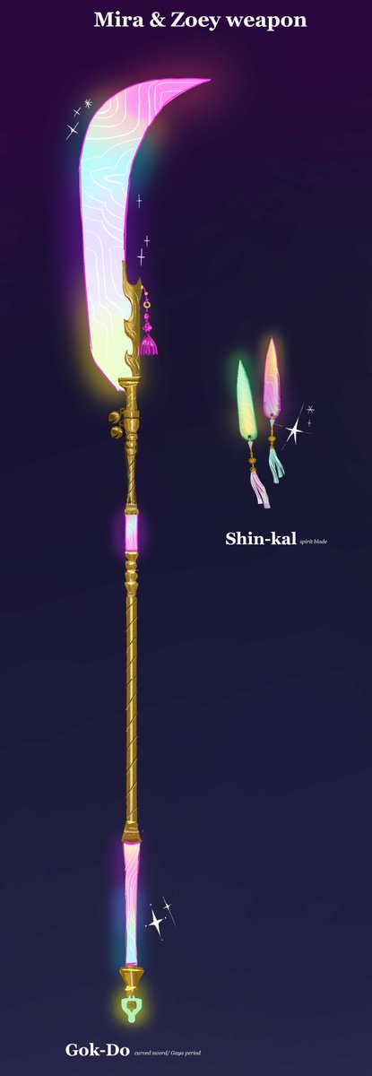 joune5064's tweet image. Weapon designs for #KPOPDEMONHUNTERS Rumi's Sain-geom (Four Tiger's Evil Slayer/사인검(四寅劍), Mira's Gok-do (Curved moon sword/곡도), Zoey's Shin-kal (Spirit blade of Mudang/신칼) ⚔️✨ (part2/2)