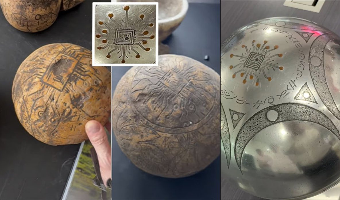 antcesp's tweet image. The plot deepens as ancient spherical artifacts, recently uncovered in archaeological digs, reveal intricate &quot;chip-like&quot; symbols strikingly similar to those on the Buga sphere.  What mind-blowing, consciousness-expanding times we’re living in…!!!
#BugaSphere #EsferaDeBuga #UAP…