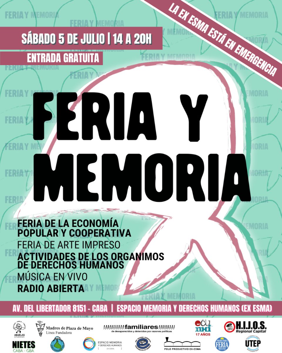 Ya tenemos fecha para la próxima Feria y Memoria: te esperamos el sábado 5 de julio de 14 a 20 horas en el <a href="/espacio_memoria/">Espacio Memoria</a> (ex ESMA)

La entrada es gratuita. Se ingresa por Av. Del Libertador 8151, Ciudad de Buenos Aires

#Feria #Memoria #DerechosHumanos #Arte