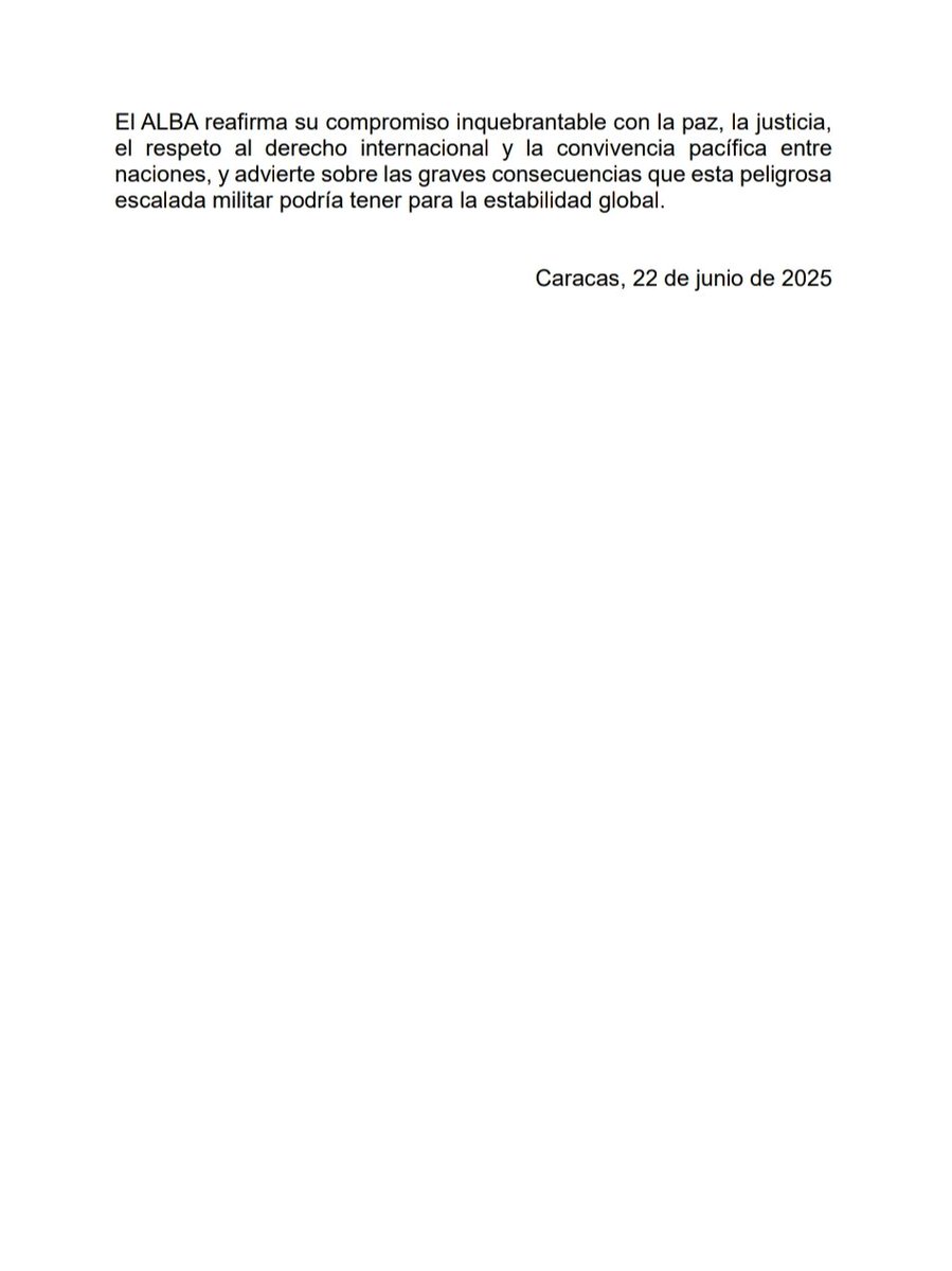 🗣️EL ALBA EMITIÓ UN COMUNICADO CONDENADO
ENÉRGICAMENTE EL CRIMINAL ATAQUE MILITAR PERPETRADO POR EL GOBIERNO DE EE.UU. CONTRA LAS INSTALACIONES CIVILES Y NUCLEARES PACÍFICAS DE LA REPÚBLICA ISLÁMICA DE IRÁN.
#NoPodránConIrán
#CHCh
<a href="/4F_Mamba/">Mamba Negra</a> <a href="/INDIURBANEJA/">Indira Urbaneja</a> <a href="/dcabellor/">Diosdado Cabello R</a> <a href="/ItacaNaufrago/">Ricardo Romero Romero</a>