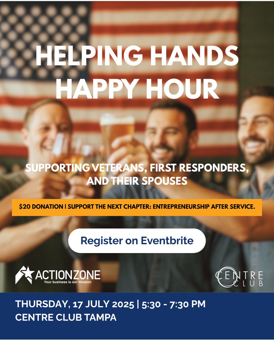 Raise a glass—fuel a business! 🍻

Join us 7/17 at Centre Club Tampa for Helping Hands Happy Hour.

$20 = drink, apps &amp; support for service-minded founders launching businesses.

🎟️ Register: bit.ly/4neqKLQ

#Vetrepreneurs #TampaEvents #HelpingHandsHappyHour #ActionZone