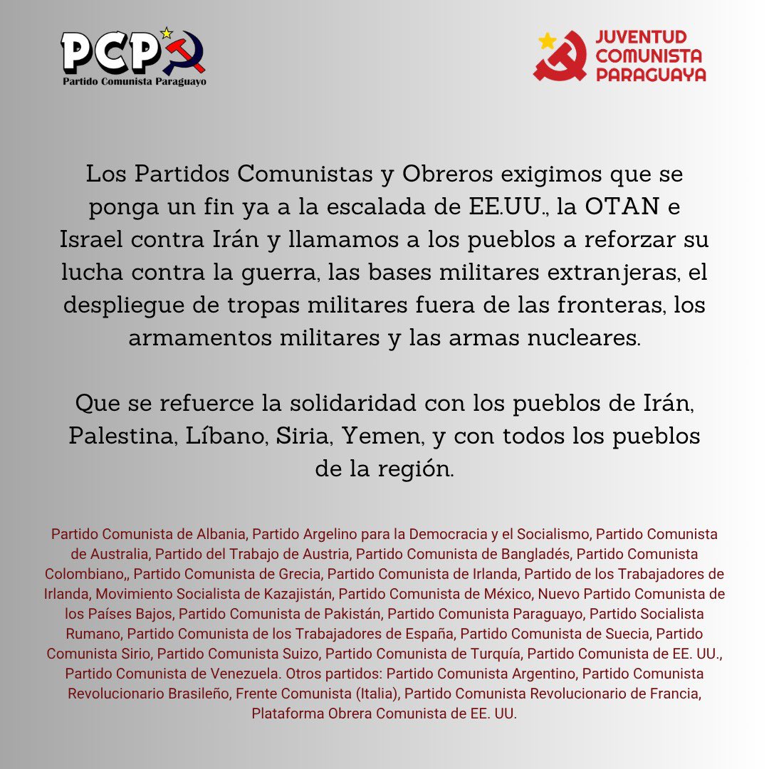 📄 Compartimos el comunicado conjunto de Partidos Comunistas y Obreros sobre la escalada guerrerista mundial y nuestras consideraciones sobre sus implicancias para Paraguay.

Texto completo en el siguiente link: pcparaguay.org/lajota/comunic…