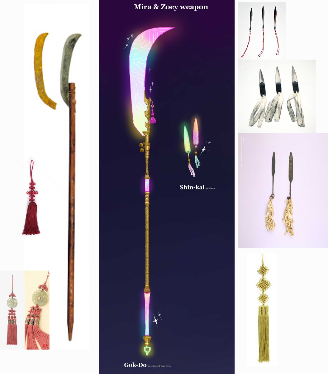 joune5064's tweet image. Weapon designs for #KPOPDEMONHUNTERS Rumi's Sain-geom (Four Tiger's Evil Slayer/사인검(四寅劍), Mira's Gok-do (Curved moon sword/곡도), Zoey's Shin-kal (Spirit blade of Mudang/신칼) ⚔️✨ (part2/2)