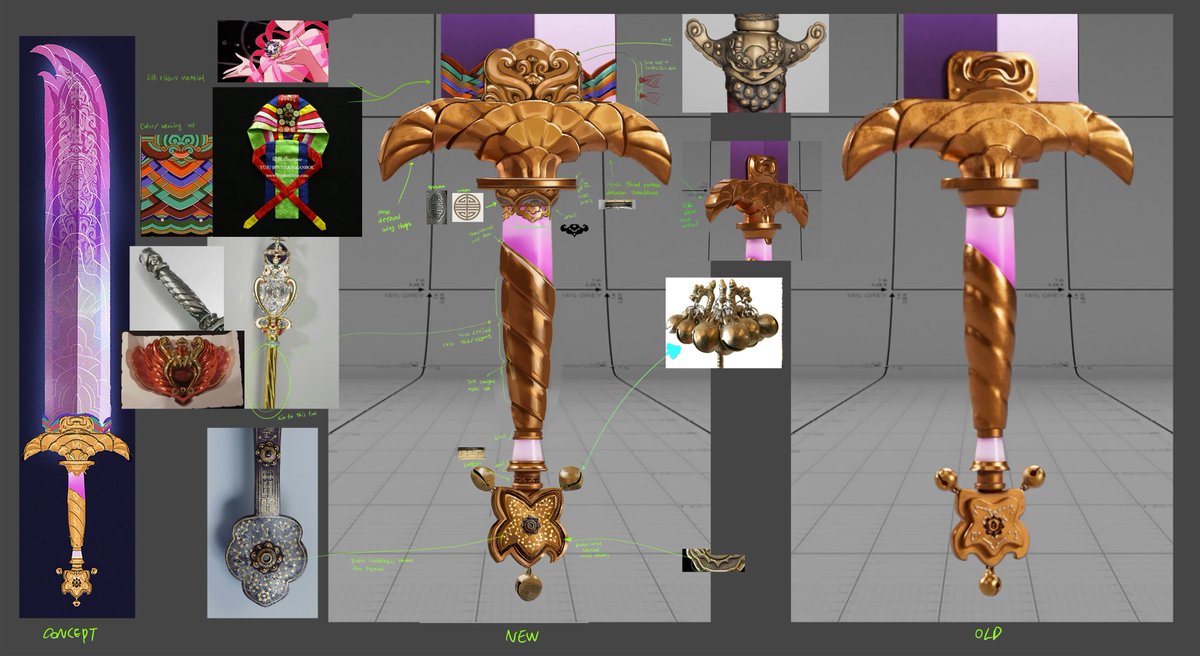joune5064's tweet image. Weapon designs for #KPOPDEMONHUNTERS Rumi's Sain-geom (Four Tiger's Evil Slayer/사인검(四寅劍), Mira's Gok-do (Curved moon sword/곡도), Zoey's Shin-kal (Spirit blade of Mudang/신칼) ⚔️✨ (part2/2)