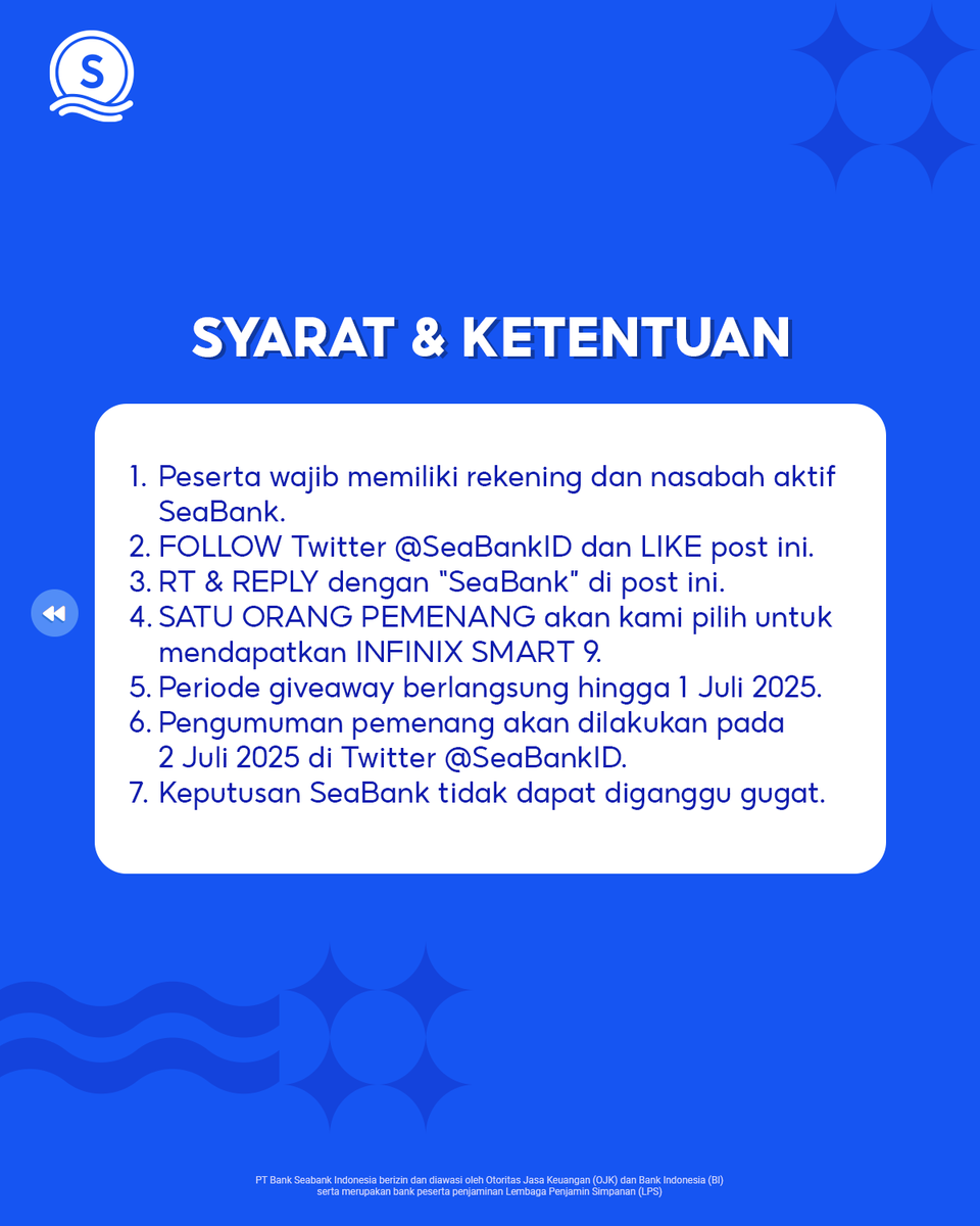 MASIH ADA KESEMPATAN BUAT KAMU

Sobat SeaBank, kamu masih punya kesempatan buat dapatkan Infinix Smart 9 dari SeaBank secara gratis loh! Caranya juga gampang banget, tinggal follow dan komen di Twitter SeaBank