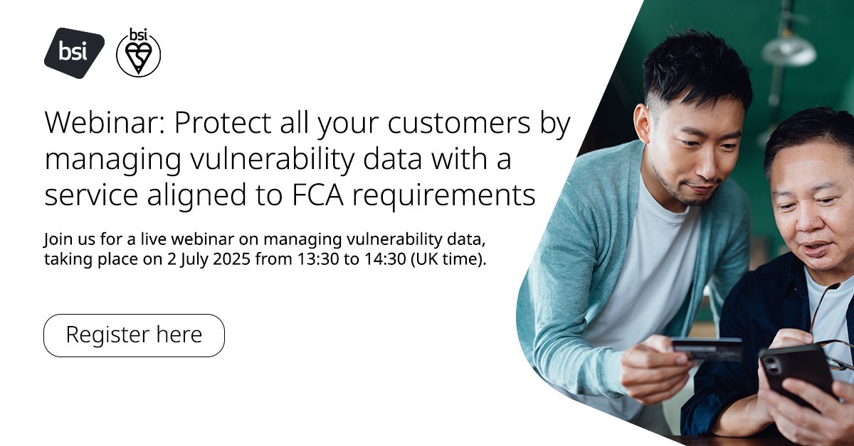 Register here: bit.ly/43NhoOf
Managing customer vulnerability data is key to meeting FCA Consumer Duty. Join our expert panel on 2 July to learn how your firm can align with FCA standards and BS ISO 22458.