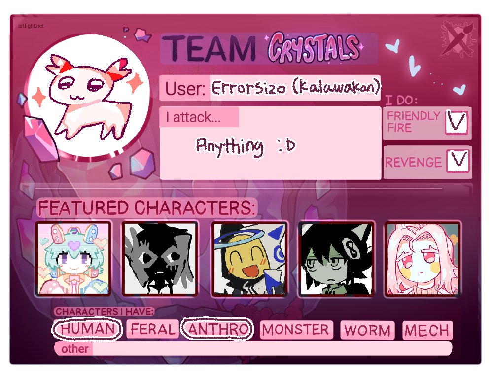 Kalawakanz's tweet image. hi im joining this year artfight and im on team crystals! :D hope i can do better than last year 😭
artfight.net/~Errorsizo_Kal…