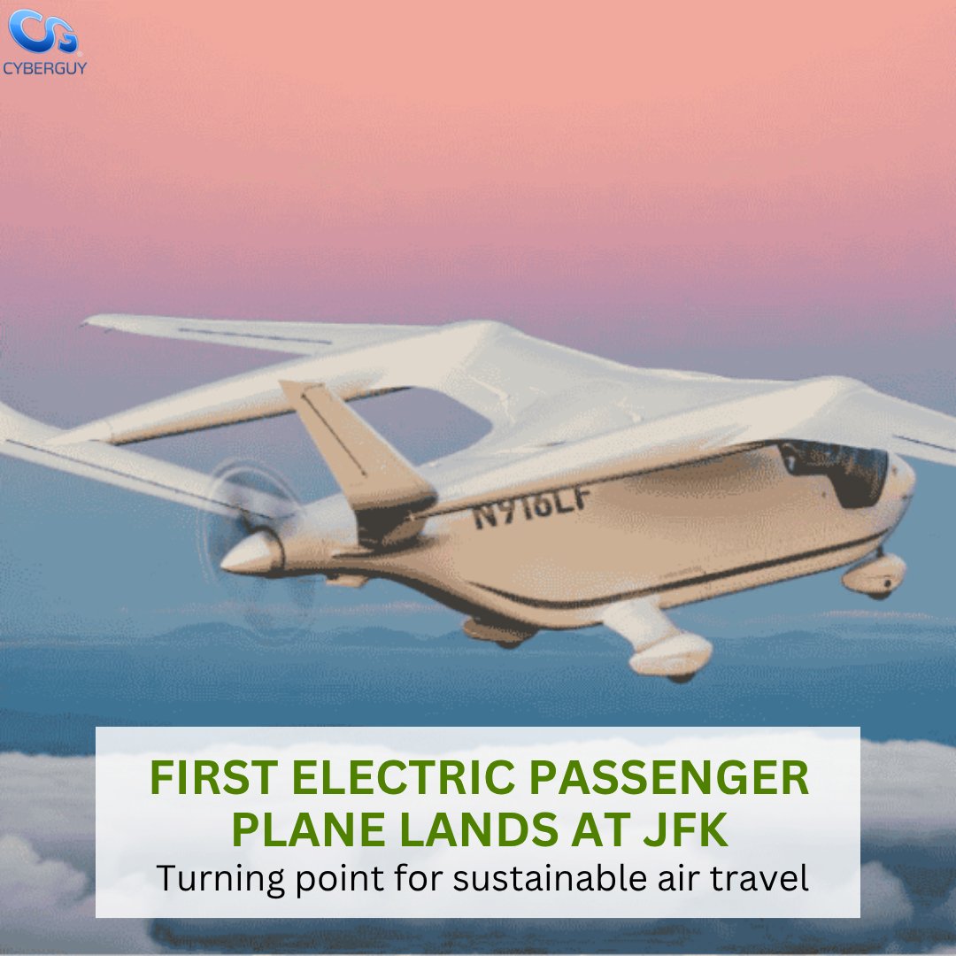 cyberguy's tweet image. A historic electric plane just touched down at JFK with passengers onboard, kicking off a new chapter of quiet, affordable, and green air travel in NYC ✈️⚡

Learn more here: cyberguy.com/transportation…

#ElectricFlight #GreenTravel #JFK #SustainableAviation #FutureOfFlight #CyberGuy