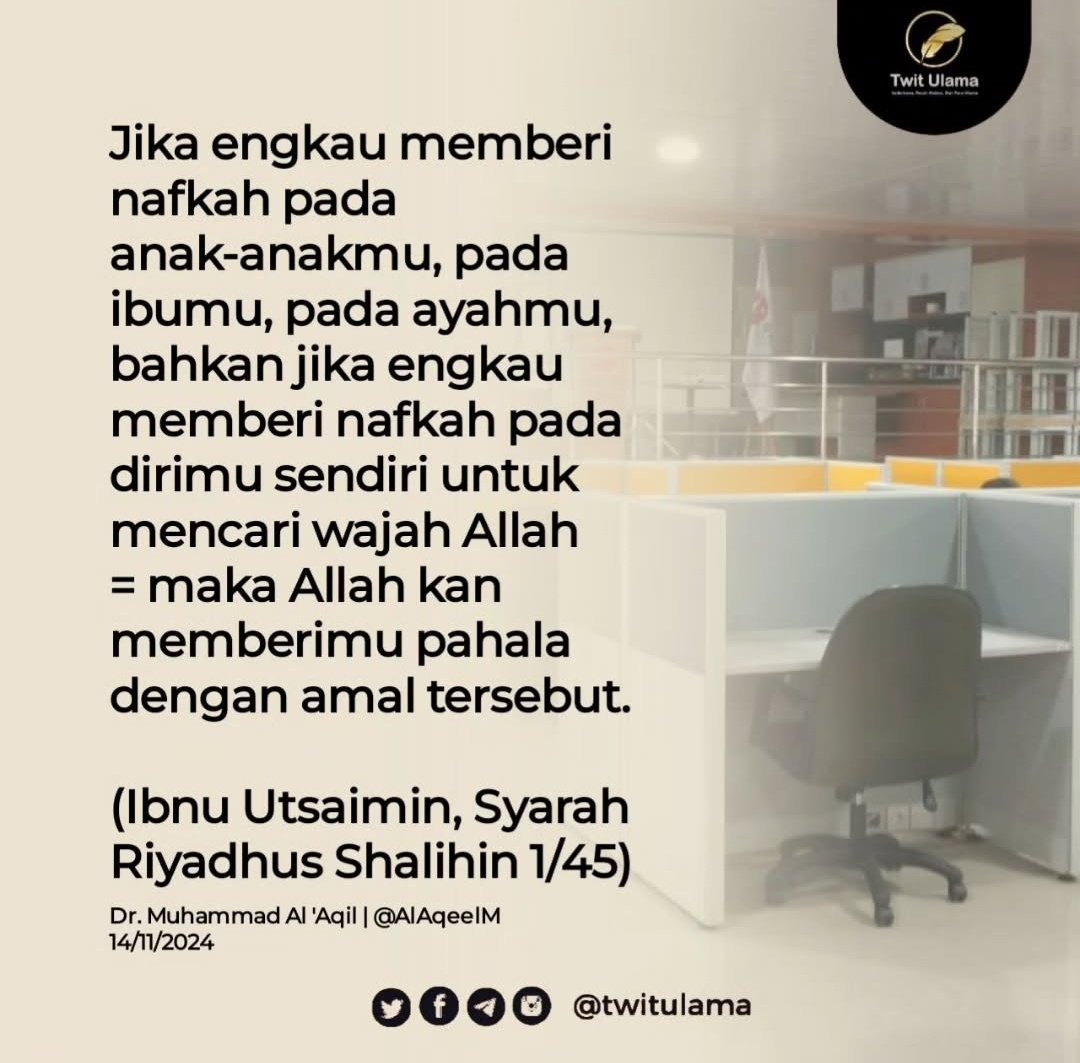 Buat bapack2 pencari nafkah, jangan lupa niatkan juga untuk cari pahala:
# Selain dapat dunia, dapat akhirat.
# Akan mencegah kita melakukan yg haram dalam mencari nafkah. Masa mau dapet pahala dengan jalan haram?

Semoga Allah berikan kemudahan &amp; keberkahan.
