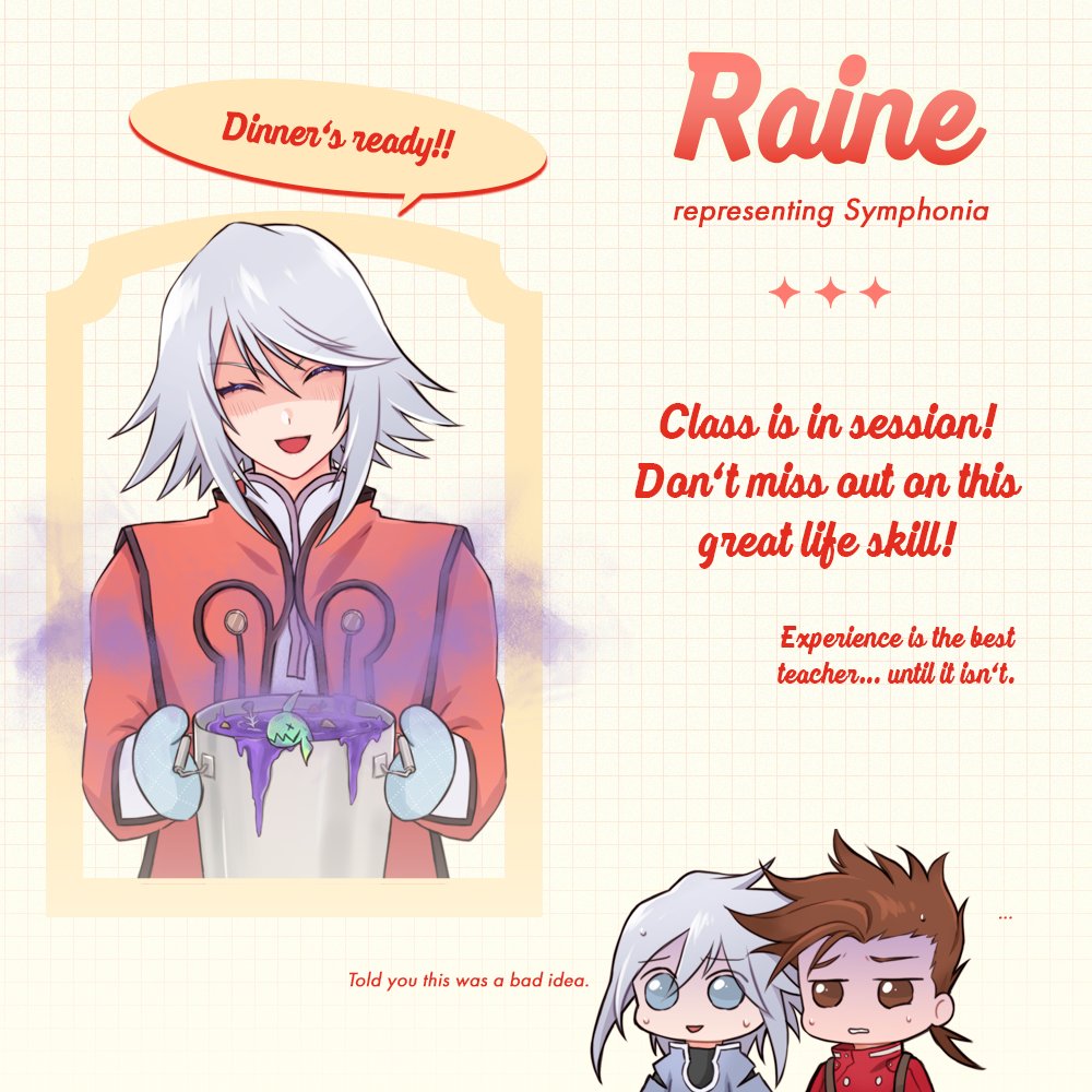 “Dinner's ready!”

👩‍🏫 CHEF: Raine, representing Symphonia
🍳SECRET RECIPE: Mysterious Broth❓

Make way for Raine! Unverified sources told us she was voted as the top character people wanted as their teacher... Let's get seated and ready for an 🔥 unforgettable 🔥 lesson indeed!