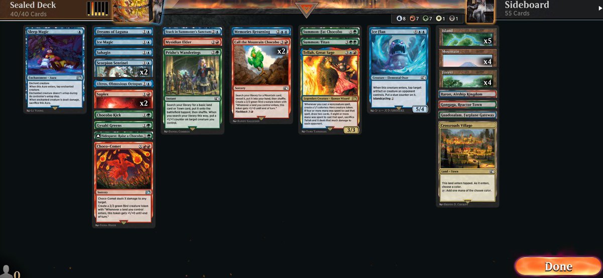 SLowMtG's tweet photo. Went Temur - different cards play different roles. Tellah domed someone for 8 + 6 come a Choco-Comet. Ultros tapped down someone’s board after he went all in on Buster Swording his creatures. Ice Magic my own Summon:Titan to recast it for reach. Memories Returning is so good! https://t.co/OI6isPtNih