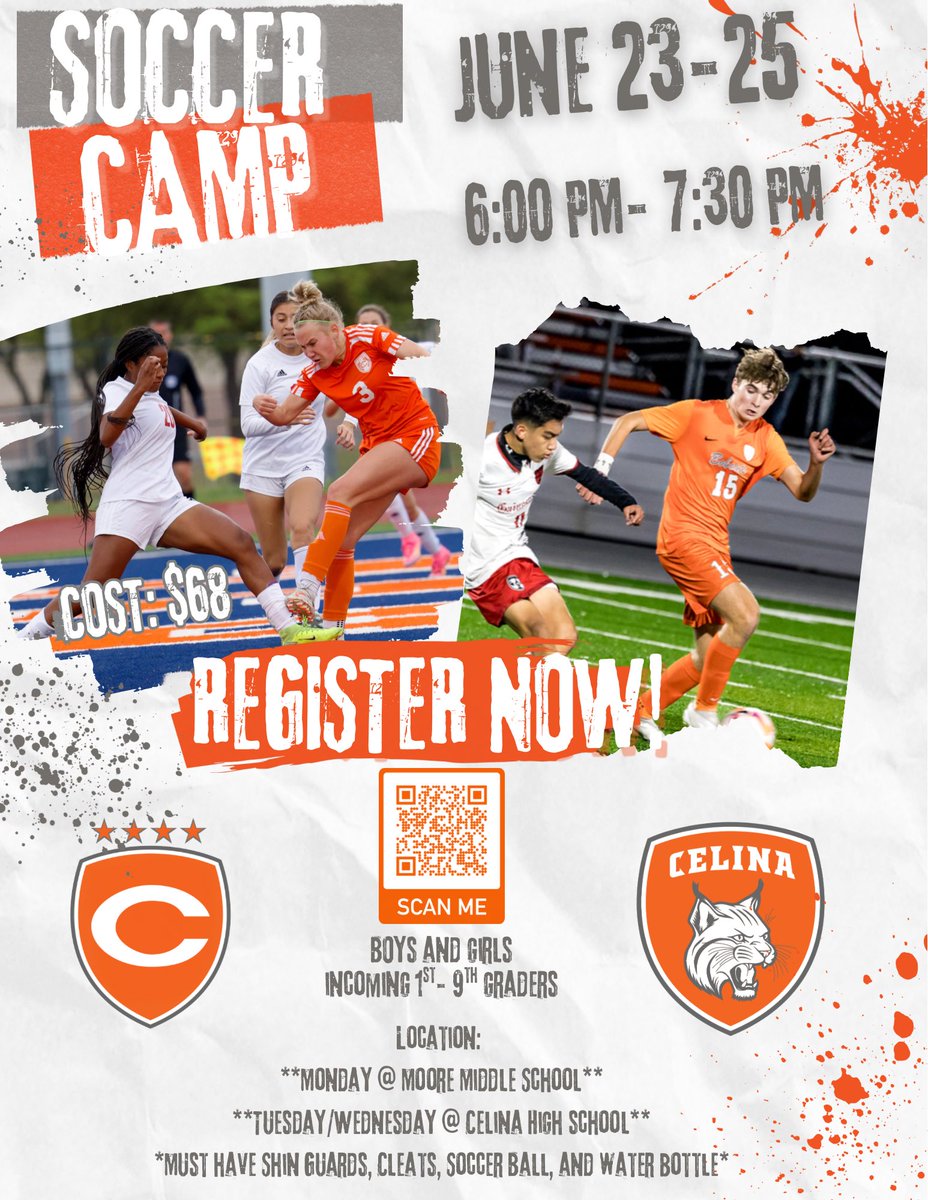 Celina Lady Bobcats Soccer (@celinasoccer) on Twitter photo β½οΈπ Soccer Camp Starts TOMORROW β Donβt Miss Out! πβ½οΈ
π
June 23β25 | β° 6β7:30 PM
π Mon: Moore MS | Tue/Wed: Celina HS
β
Check-in starts @ 5:45 PM
β½ Bring water, shin guards, cleats, labeled ball
π» Register now: celinaisd.formstack.com/forms/soccer_cβ¦
Letβs GO! π§‘ β½οΈπ Soccer Camp Starts TOMORROW β Donβt Miss Out! πβ½οΈ
π
June 23β25 | β° 6β7:30 PM
π Mon: Moore MS | Tue/Wed: Celina HS
β
Check-in starts @ 5:45 PM
β½ Bring water, shin guards, cleats, labeled ball
π» Register now: celinaisd.formstack.com/forms/soccer_cβ¦
Letβs GO! π§‘