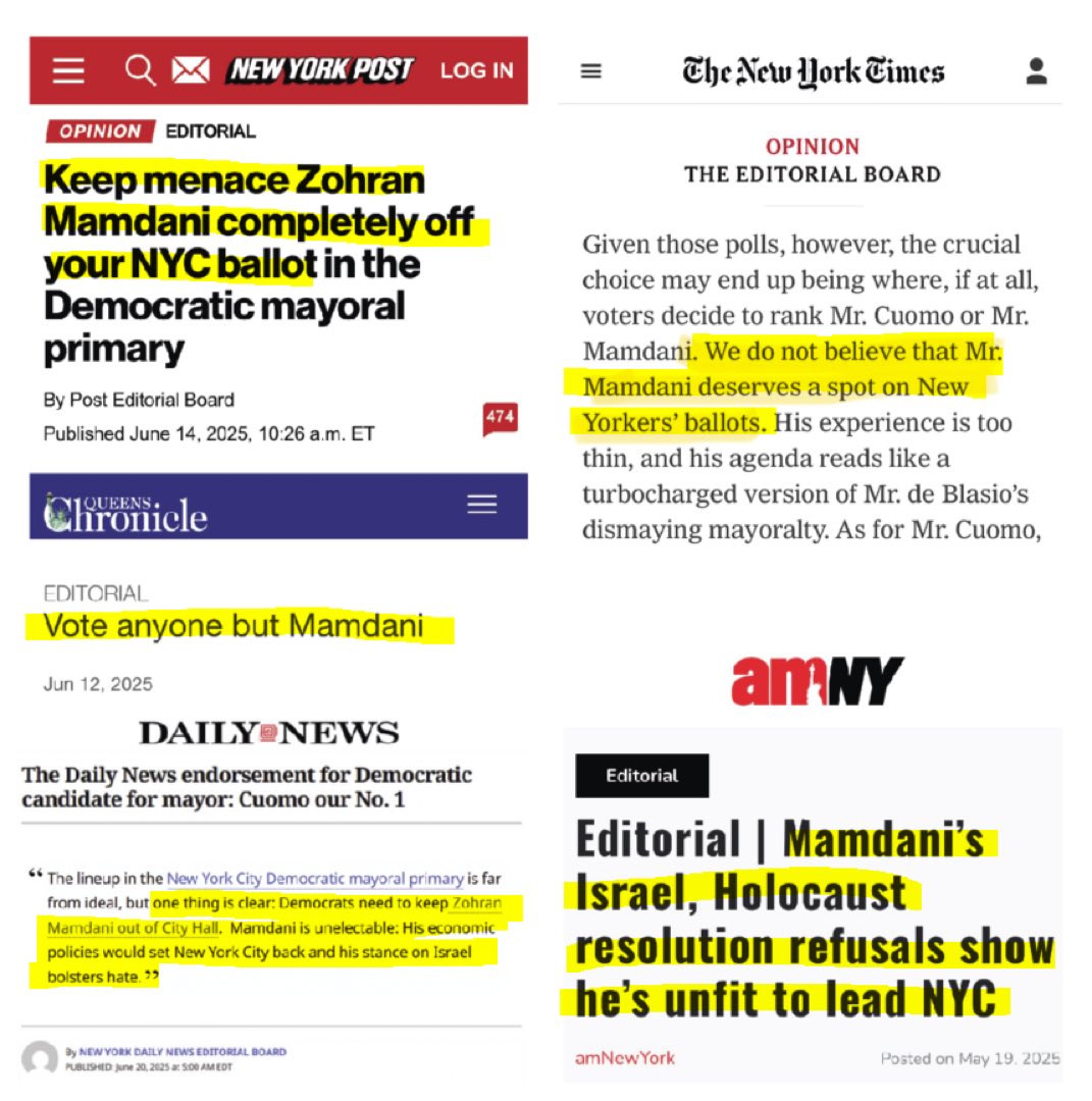 Interestingly, NYC has a number of local newspapers across the political spectrum and the one thing all the editorial boards agree on is “Don’t vote for Mamdani”.
#DontRankMamdani