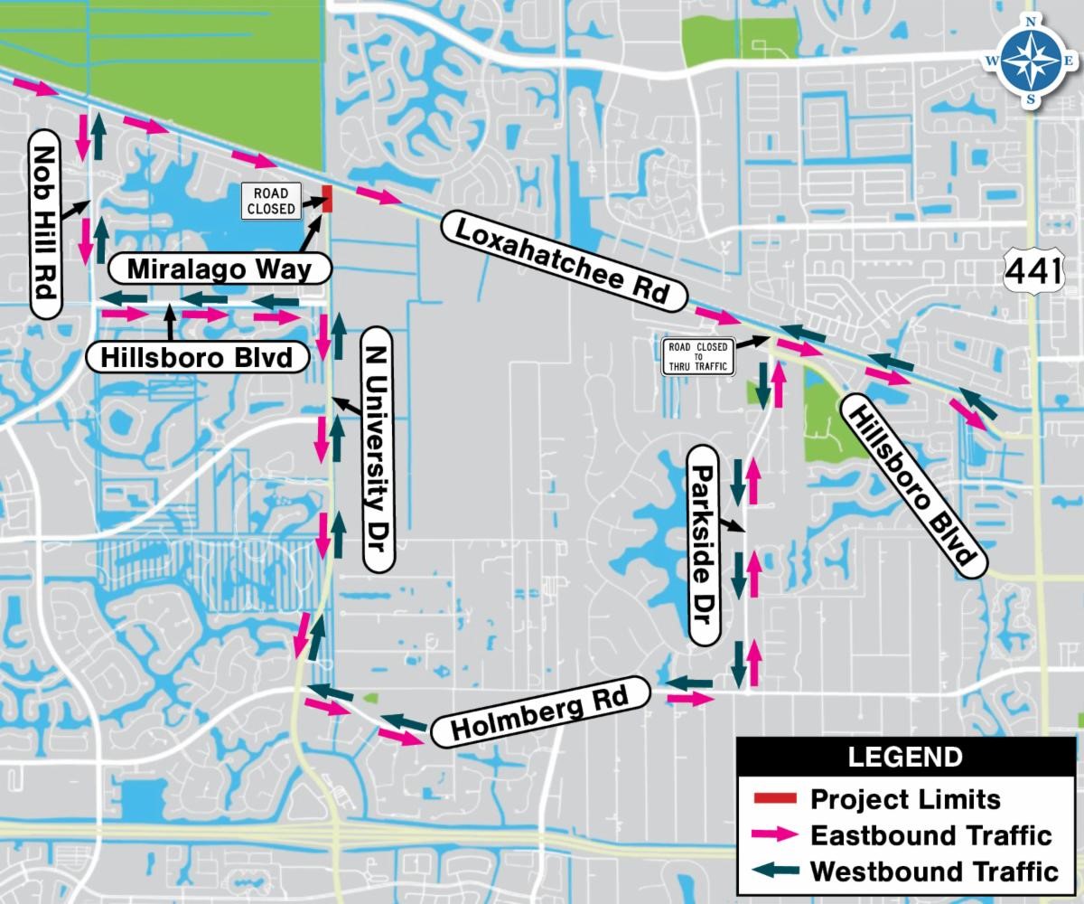 Find your detour. N University Dr at Lox Rd will be closed from June 23 - mid-July for roundabout construction, according to the Florida Department of Transportation. Westbound lanes on Lox remain closed from Parkside Dr. to Nob Hill Rd. For detours: cityofparkland.org/Lox