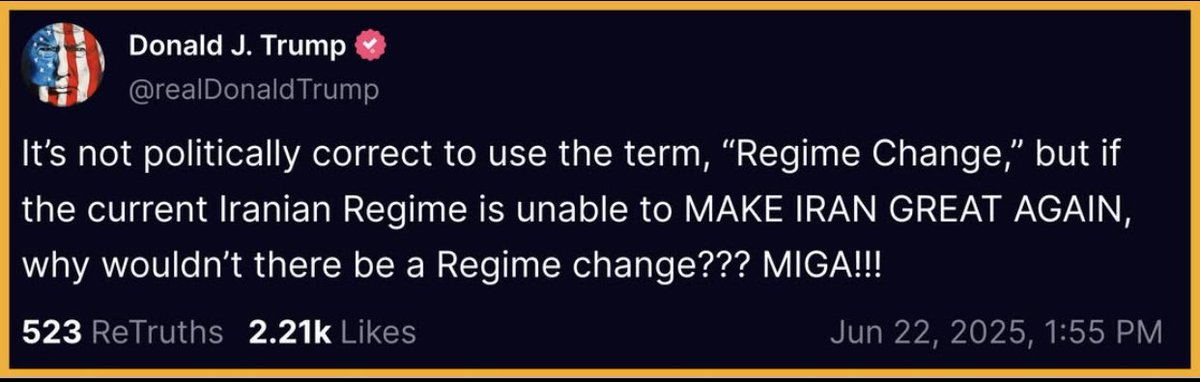 GM☀️📰:
President Trump is now officially calling for “MAKE IRAN GREAT AGAIN.”

Trump is suggesting that “regime change” is needed to do so.

This is going to be an interesting week.