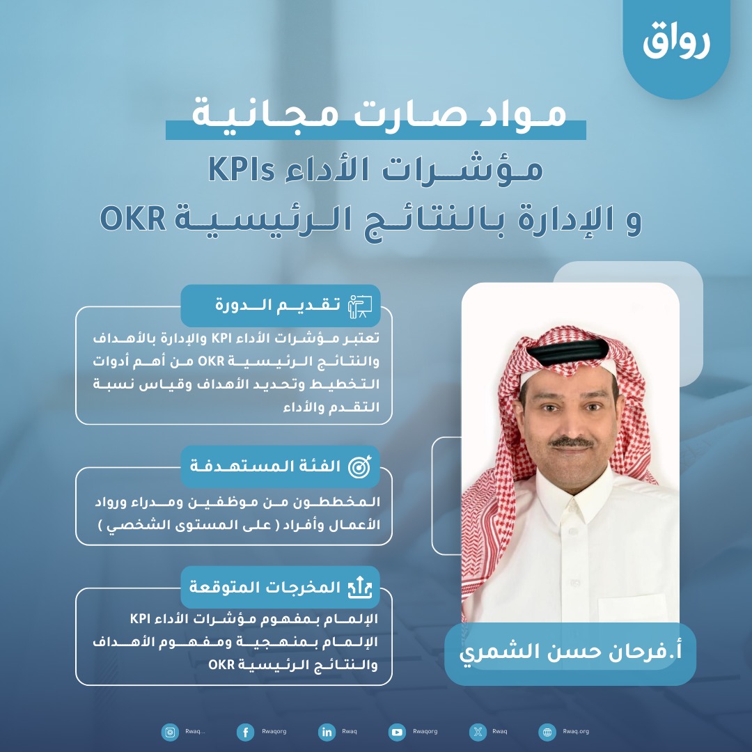 هل تعرف الفرق بين #KPIs و #OKRs؟ وهل تطبقها بالشكل الصحيح؟ 📈🎯

📊 دورة "مؤشرات الأداء والإدارة بالنتائج الرئيسية" تمنحك الأدوات لتقيس وتُنجز بذكاء!

✨ الآن فرصتك لتتعلّمها #مجانا وتحدث نقلة نوعية في إدارتك 🚀
🔗 rwaq.org/courses/kpis-o…

#إدارة #أهداف #تحقيق_النتائج #رواق