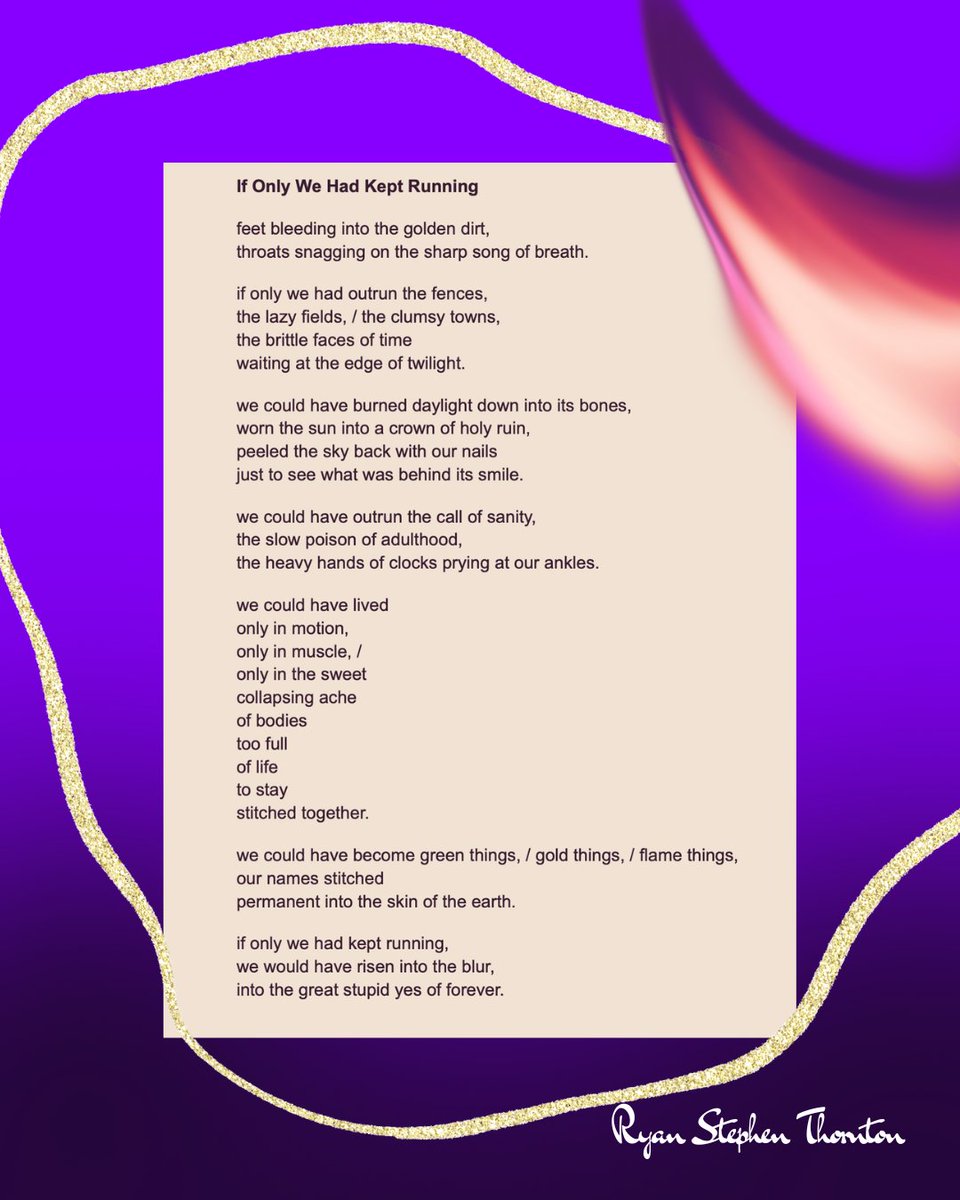 RyanSThornton's tweet photo. 🌞✨DAY 23✨🌞

Today’s prompt is for the kids we used to be.
The feral ones. The barefoot ones.
The ones who scraped their knees on curbs
and thought summer might never end.
Let’s trap time. Let’s run until the sky forgets our names.
Let’s verse trap.

#VerseTraps2025 https://t.co/r2FAX6dXbw