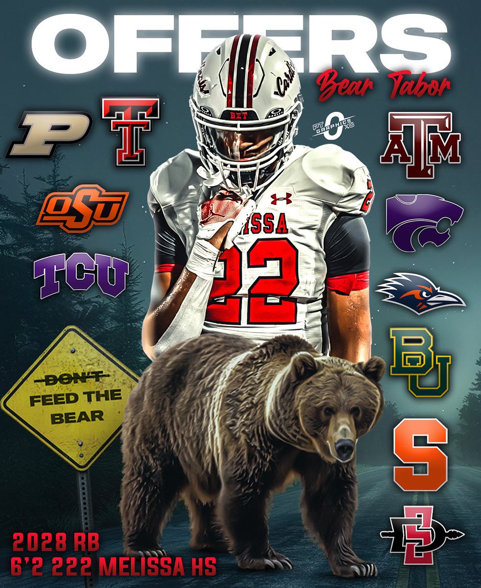 Parker Titus (@ptgraphics0) on Twitter photo First 10 offers for ELITE 2028 RB Jeremiah βBearβ Tabor (<a href="/beartabor22/">Jeremiah βBearβ Tabor β28</a>).
The 6β2 222 RB from Melissa, TX is already starting to make waves on the recruiting trail. Tabor is projected to be one of the top RBs in the class of 2028.
Whoβs next to offer? π First 10 offers for ELITE 2028 RB Jeremiah βBearβ Tabor (<a href="/beartabor22/">Jeremiah βBearβ Tabor β28</a>).
The 6β2 222 RB from Melissa, TX is already starting to make waves on the recruiting trail. Tabor is projected to be one of the top RBs in the class of 2028.
Whoβs next to offer? π