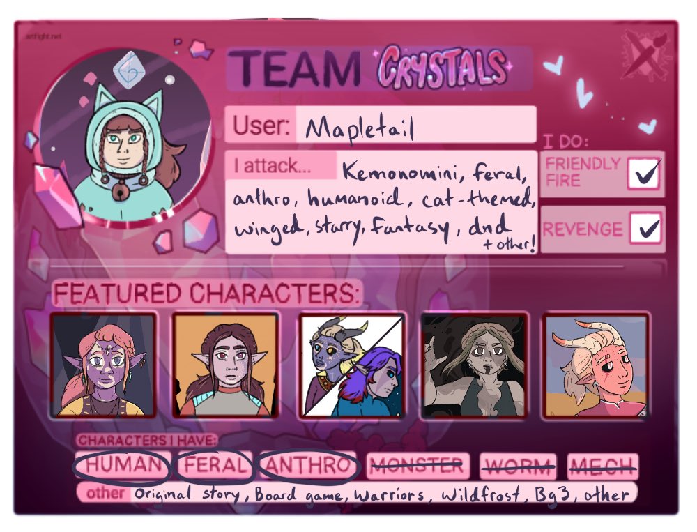 MRiverclan's tweet image. My team card for this year’s Art Fight! Go team Crystals! #artfight #teamcard #teamcrystals 

My art fight: artfight.net/~Mapletail