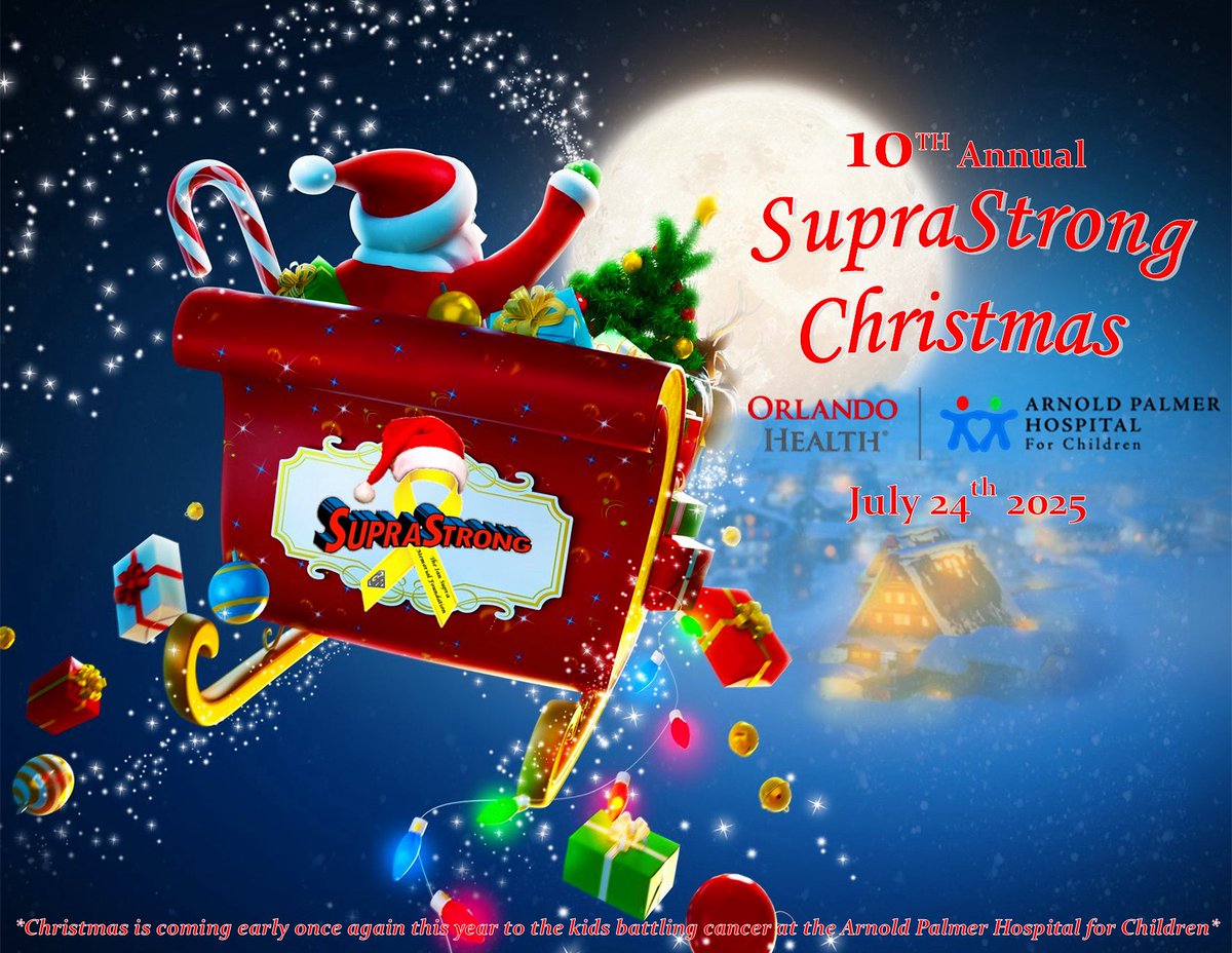 SAVE THE DATE!!! We’re bringing Christmas in July back to <a href="/APHospital/">Arnold Palmer Hospital for Children</a> this summer for the 10th year in a row!🎅🏻🎄🎁  Visit our website today to get involved SupraStrong.com ❤️💙💛🎗️💪 <a href="/orlandohealth/">Orlando Health</a>