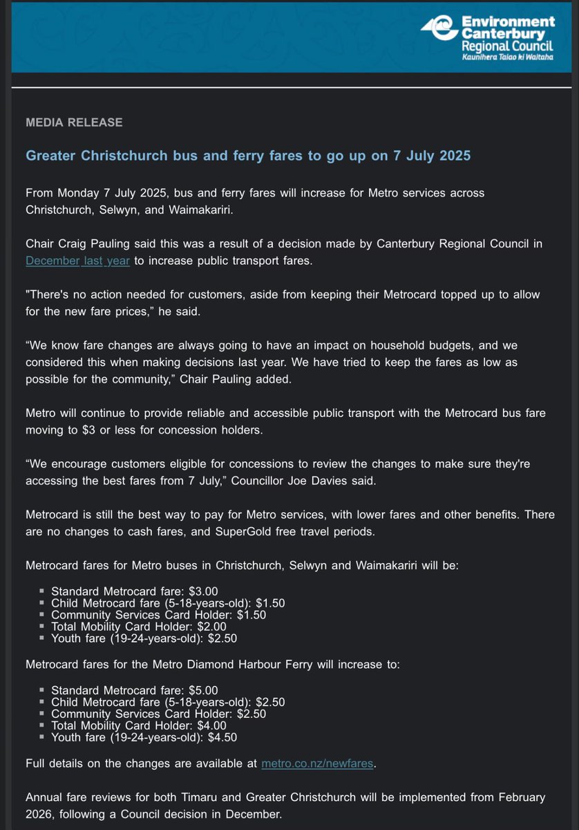 #TicketingNews: From Monday 7 July 2025, bus and ferry fares will increase for Metro services across Christchurch, Selwyn, and Waimakariri. 

Standard Metrocard bus fare: $3.00
Standard Metrocard ferry fare: $5.00

MORE: metro.co.nz/newfares