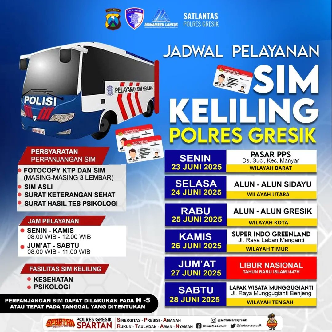 SekPangkahGrs's tweet image. Hallo Rekk !
Jadwal Sim Keliling untuk pekan depan (23 Juni-28 Juni 2025) sudah keluar.
Catat tanggal, lokasi Dan Jangan sampai kelewatan yaa #simkelilinggresik #gresik #satlantaspolresgresik #polresgresik #spartan #polsekujungpangkah #mapolsekujungpangkah