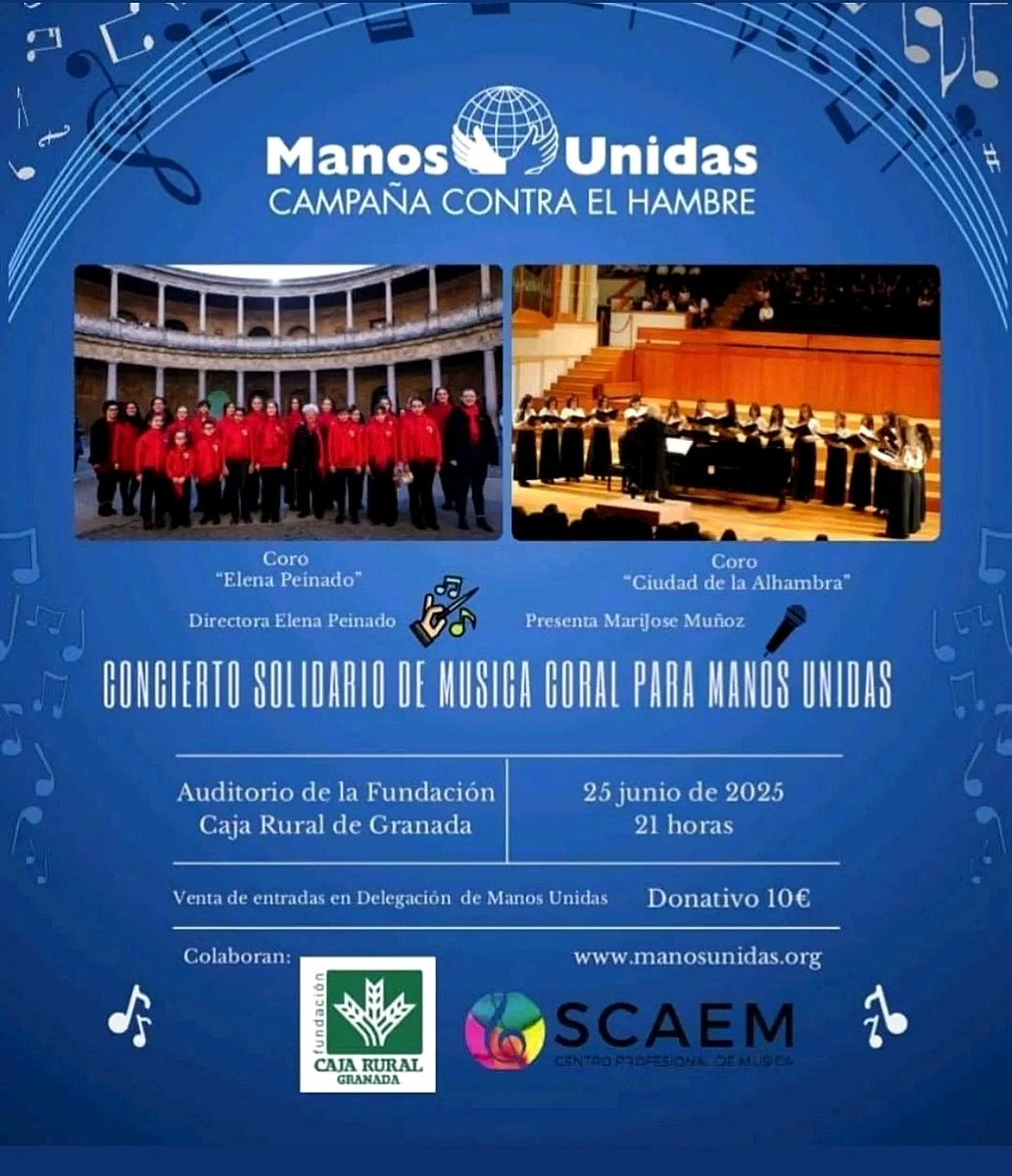 Actividad de nuestros coros para esta semana. El 25 de JUNIO, el Coro de Elena Peinado participará en un concierto benéfico a beneficio de Manos Unidas. Pueden adquirir sus entradas en la sede de Manos Unidas en Granada...
#Coros #Conciertosolidario