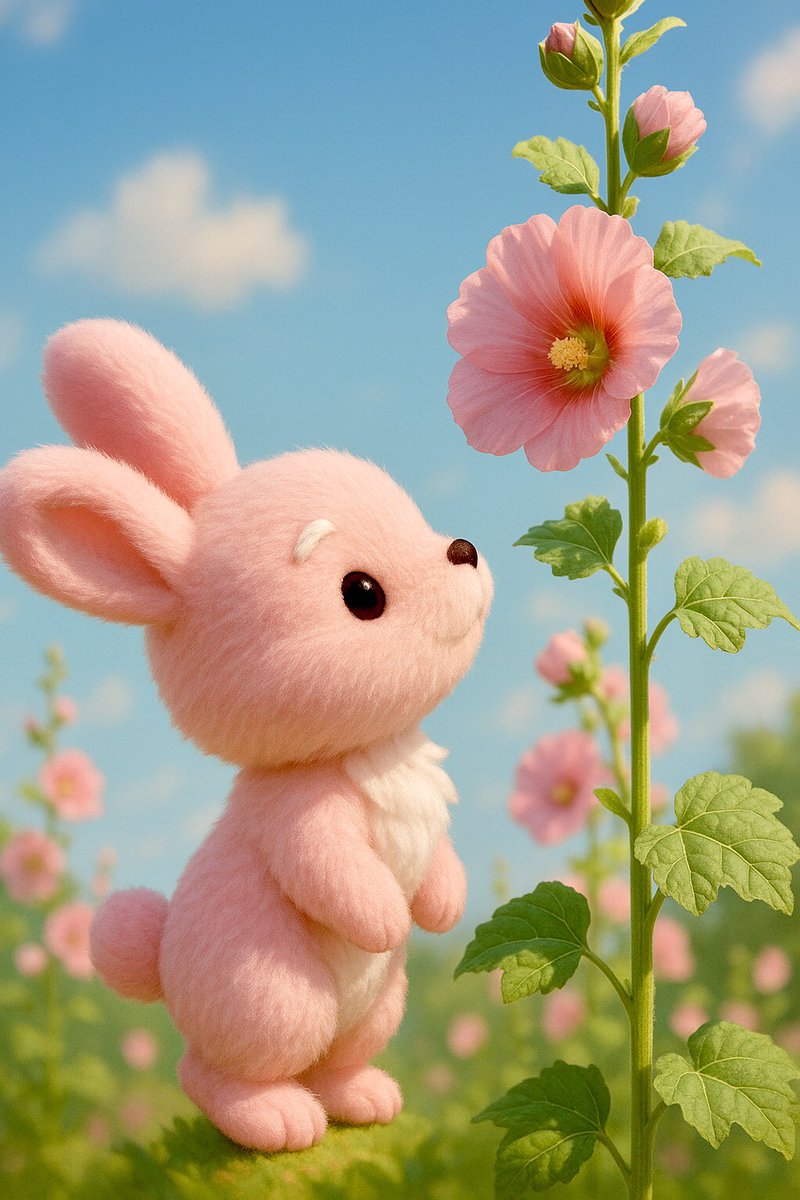 🐰
おはようございます☀️
6/23の誕生花に「タチアオイ」があります🌺
花言葉は、「豊かな実り」「野望」

ルナ🐰も　#タチアオイ を見上げてます💕

あ、お腹が白いから、ルナの妹ってことで🐇😆

#CNP #ルナ　#ピンクのうさぎ　#うさぎ
#ChatGPT  #AIアート　#ファンアート