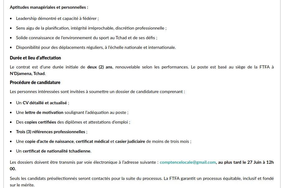 saotchad_'s tweet photo. La Fédération Tchadienne de Football Association (FTFA), à travers le cabinet CAHR-management, informe le public qu'elle lance un appel à candidatures pour le recrutement d'un  Secrétaire Exécutif. 

Ci-dessous l'offre en question. https://t.co/rIxPw5QmLk