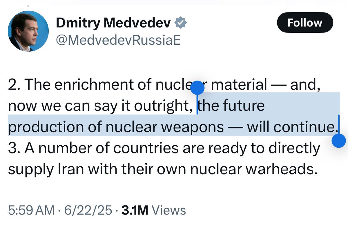 BREAKING: Former Russian President and senior adviser to Putin, admits that Iran was in fact producing nuclear weapons.

Complete mask off moment.
