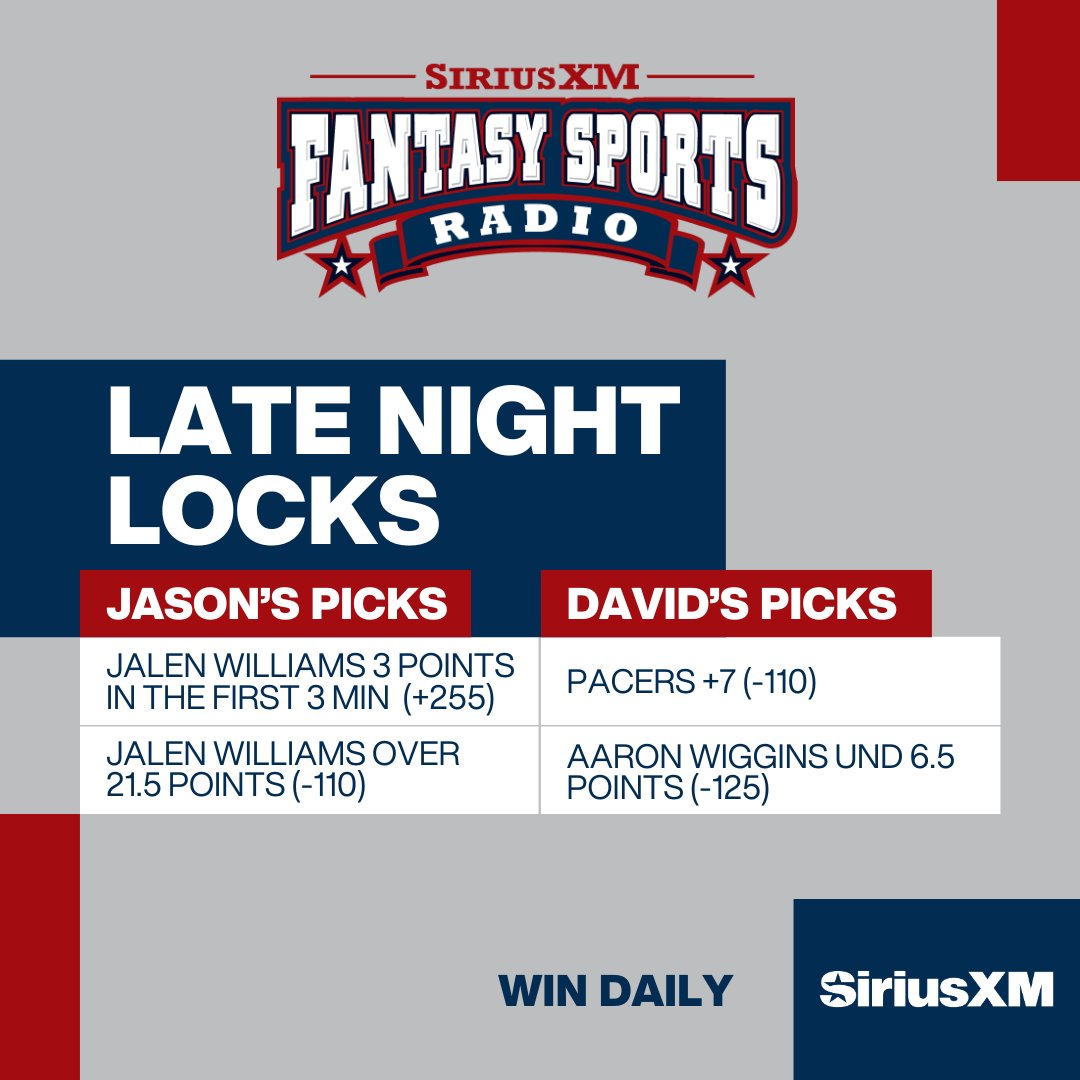 Fantasy Sports Radio (@siriusxmfantasy) on Twitter photo It's Game 7 of the NBA Finals & <a href="/WinDailySports/">Win Daily Sports</a> has you covered with their Late Night Locks. Are you tailing <a href="/jasonmezrahi/">J</a> & <a href="/tenaciousDJONES/">David Jones</a> on this historic night?! It's Game 7 of the NBA Finals & <a href="/WinDailySports/">Win Daily Sports</a> has you covered with their Late Night Locks. Are you tailing <a href="/jasonmezrahi/">J</a> & <a href="/tenaciousDJONES/">David Jones</a> on this historic night?!