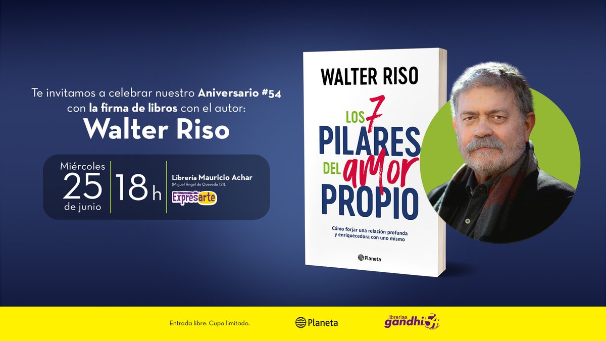 Gandhi Eventos (@eventosgandhi) on Twitter photo 🎉🥳Te invitamos a celebrar nuestro aniversario #54 con la firma de libros con el autor: Walter Riso.
📅La cita es el miércoles 25 de junio a las ⏰18:00 h en la librería Gandhi Mauricio Achar.
💫¡No te lo pierdas!💫
#GandhiAniversario54
@planetalibrosmx <a href="/Walter_Riso/">Walter Riso</a> 🎉🥳Te invitamos a celebrar nuestro aniversario #54 con la firma de libros con el autor: Walter Riso.
📅La cita es el miércoles 25 de junio a las ⏰18:00 h en la librería Gandhi Mauricio Achar.
💫¡No te lo pierdas!💫
#GandhiAniversario54
@planetalibrosmx <a href="/Walter_Riso/">Walter Riso</a>