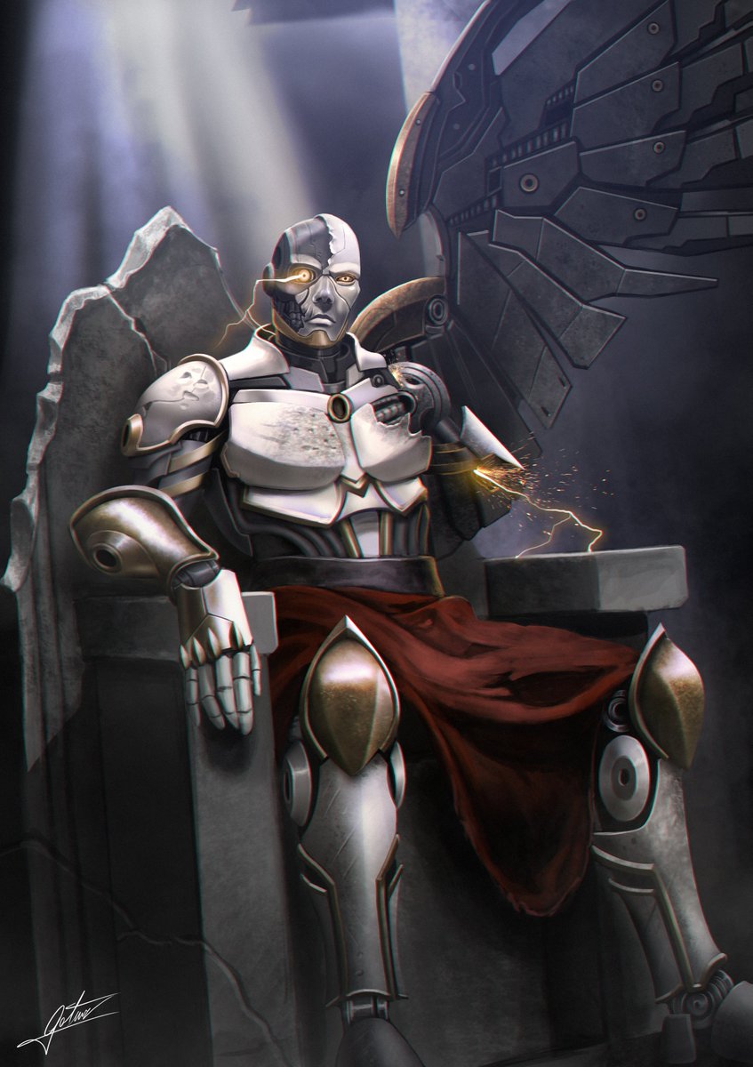 D&amp;D Commission! This is Enoch, he's a Solar (angel in D&amp;D universe)  that has been converted into a warforged.
He was in a explosion of a giant robot city that destroyed parts of his body and even took away one of the wings